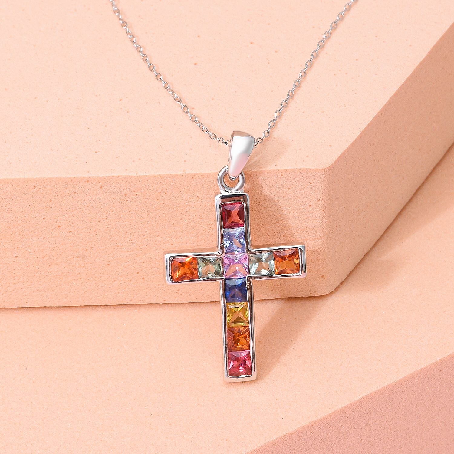 Rainbow Sapphire Cross Pendant With Chain (Size 18) in Rhodium Overlay Sterling Silver