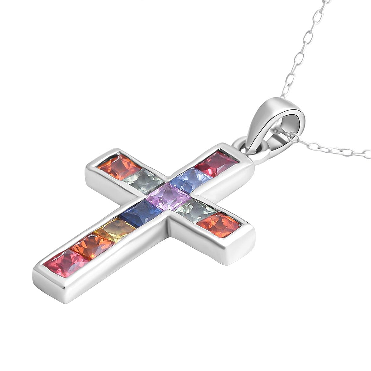 Rainbow Sapphire Cross Pendant With Chain (Size 18) in Rhodium Overlay Sterling Silver