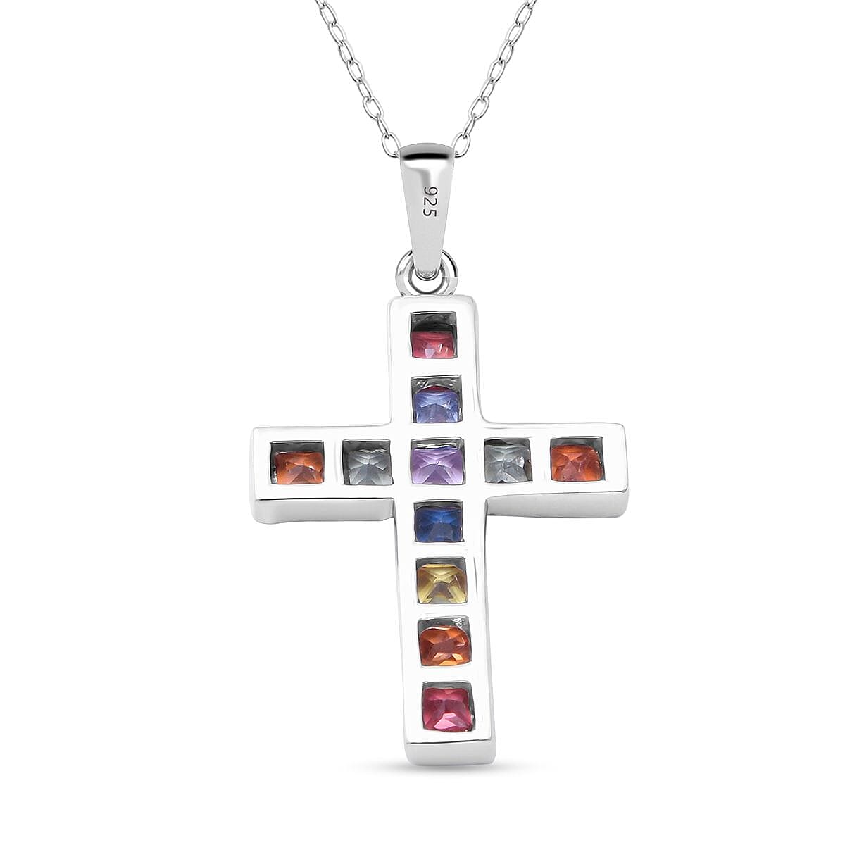 Rainbow Sapphire Cross Pendant With Chain (Size 18) in Rhodium Overlay Sterling Silver