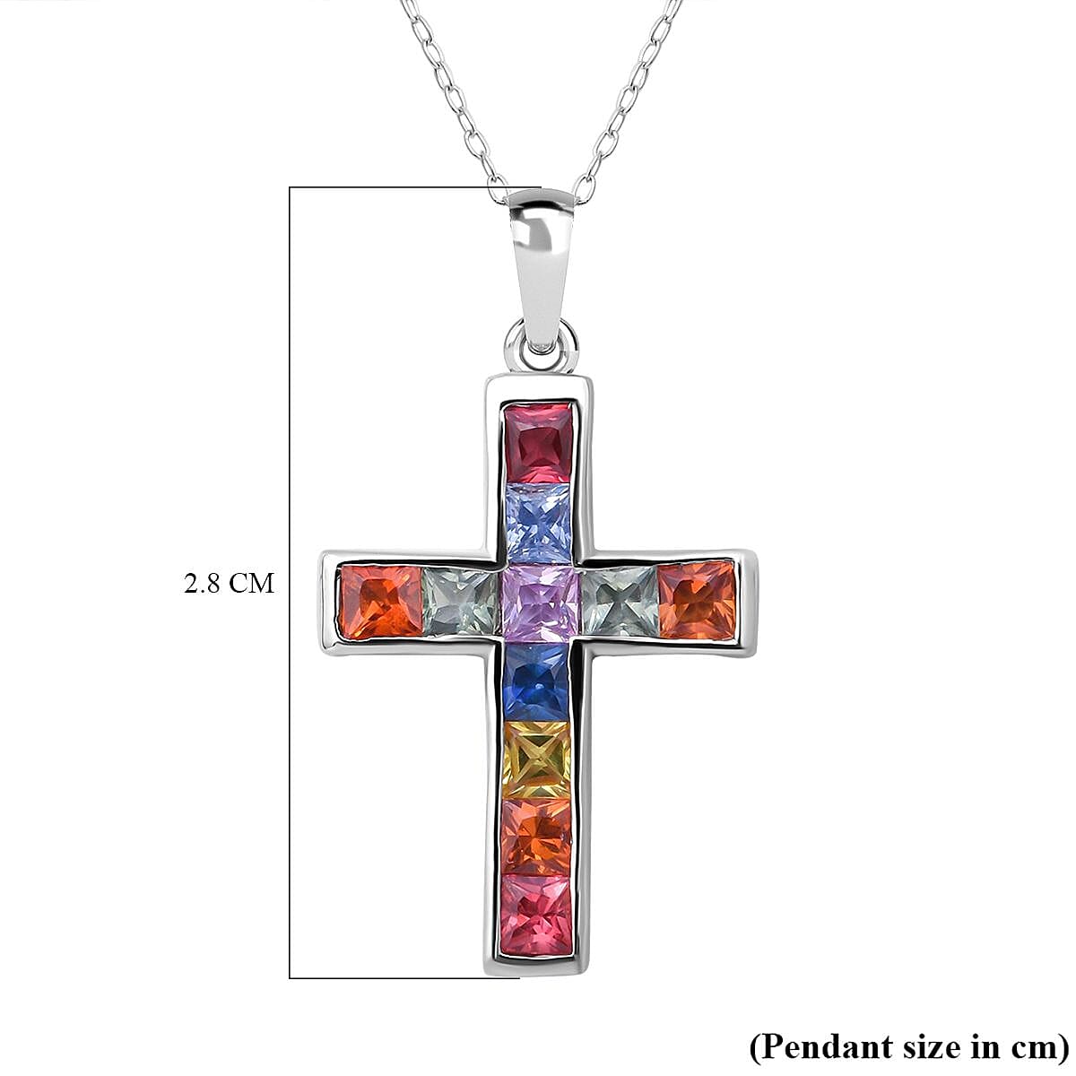 Rainbow Sapphire Cross Pendant With Chain (Size 18) in Rhodium Overlay Sterling Silver