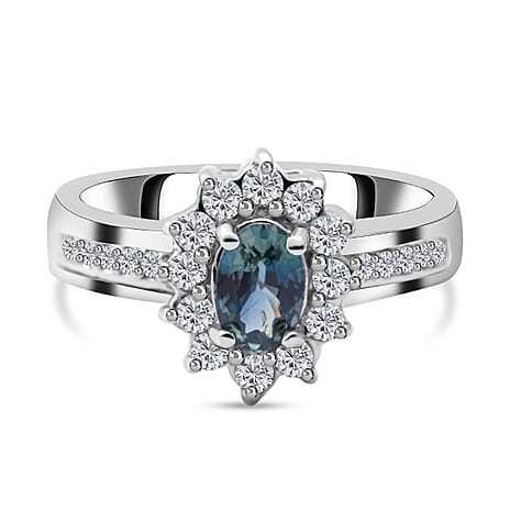 Natural Parti Sapphire & Natural Zircon Ring in Platinum Overlay Sterling Silver 1.18 Ct.