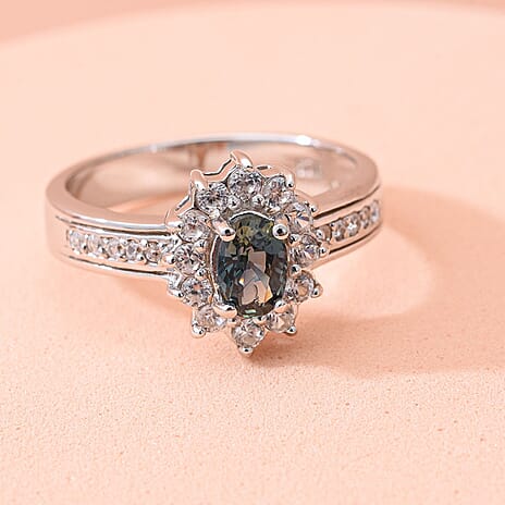 Natural Parti Sapphire & Natural Zircon Ring in Platinum Overlay Sterling Silver 1.18 Ct.