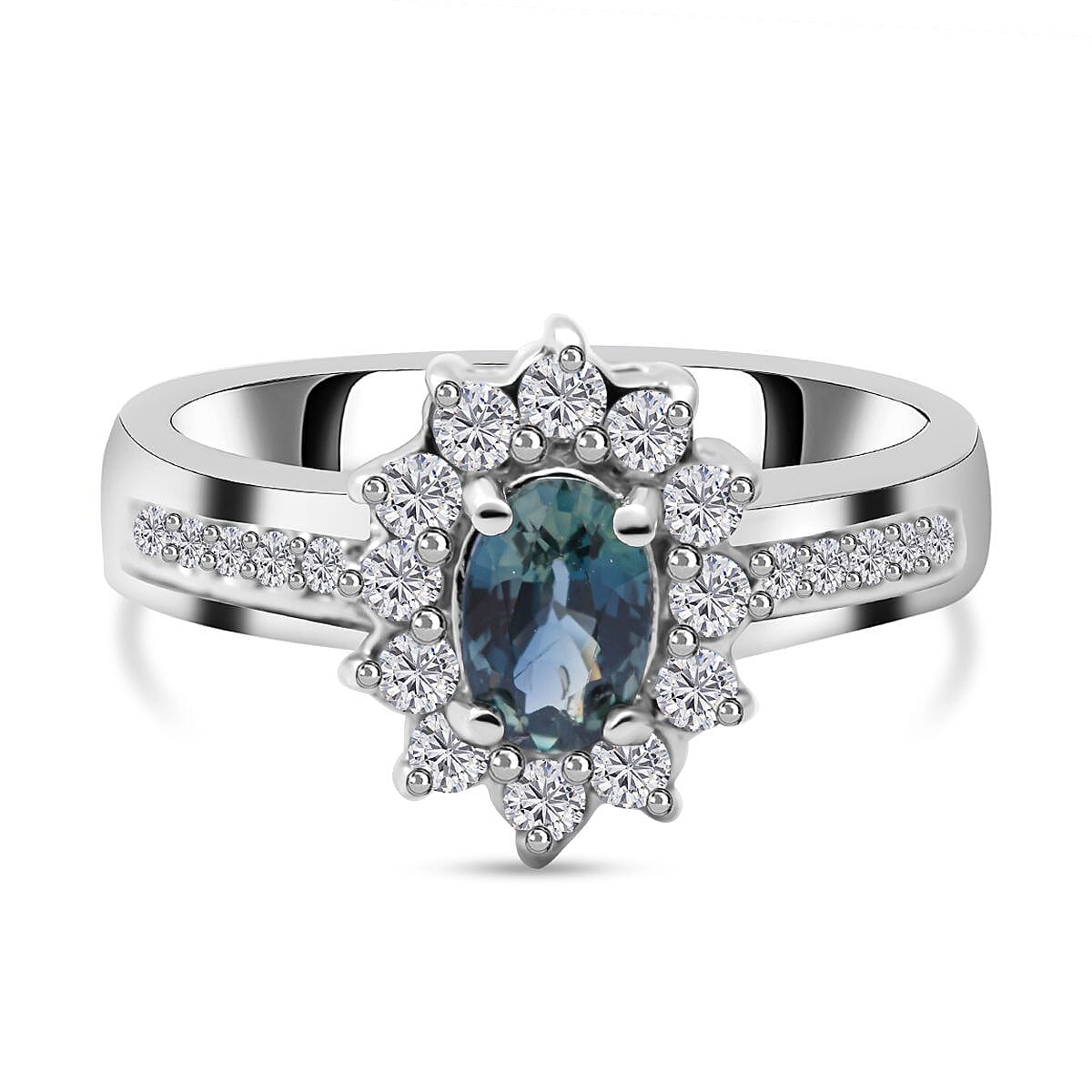 Natural Parti Sapphire & Natural Zircon Halo Ring in Platinum Overlay Sterling Silver 1.18 Ct.