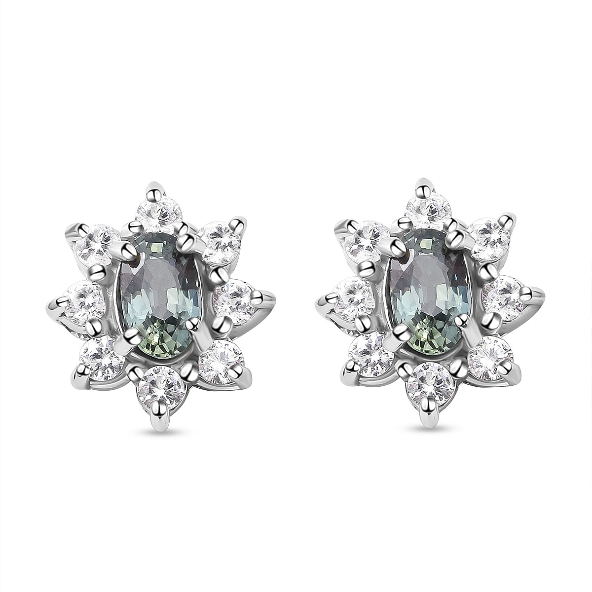 Natural Parti Sapphire & Natural Zircon Floral Stud Earrings in Rhodium Overlay Sterling Silver 1.10 Ct.