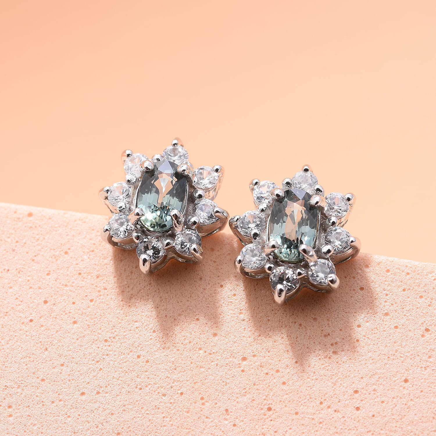 Natural Parti Sapphire & Natural Zircon Floral Stud Earrings in Rhodium Overlay Sterling Silver 1.10 Ct.