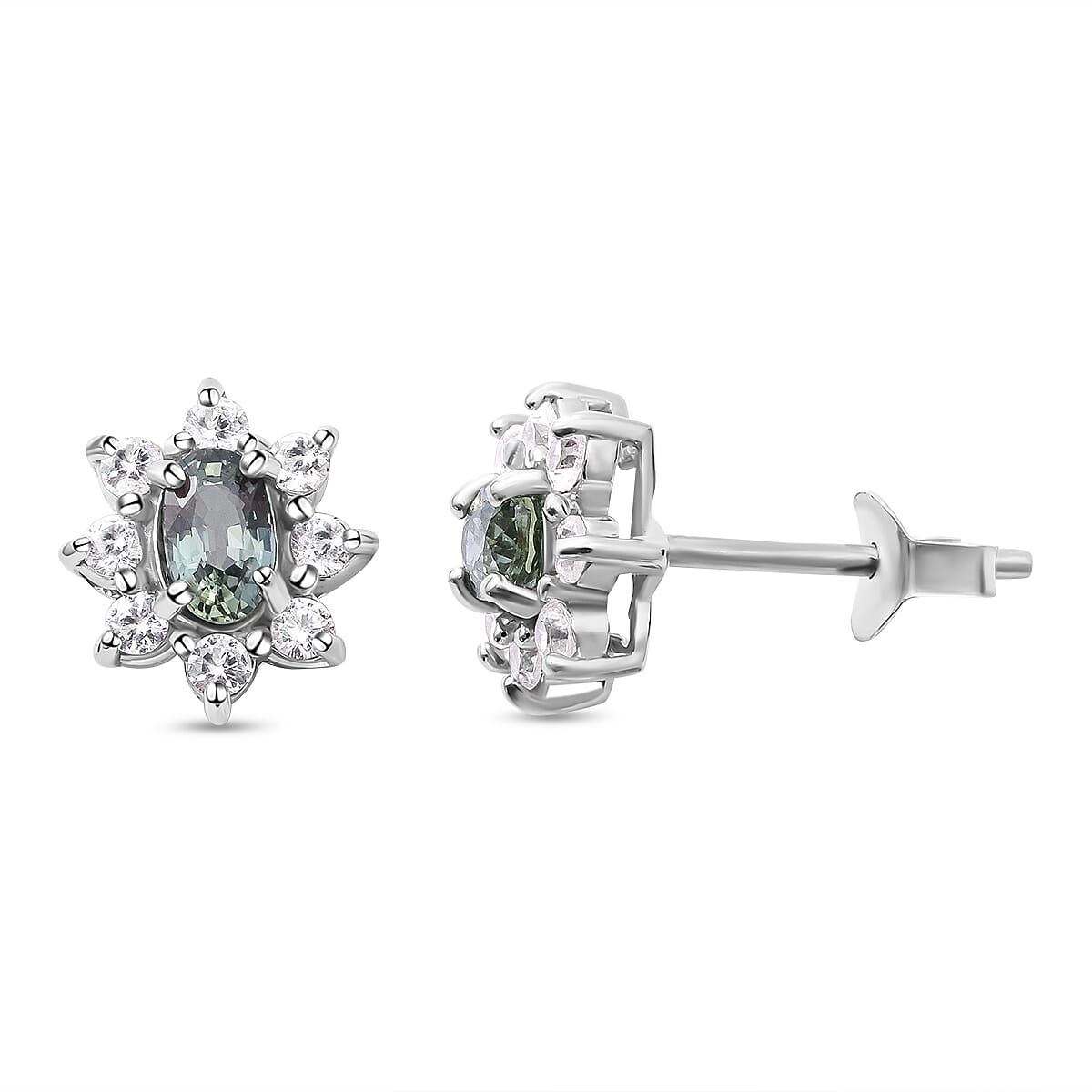 Natural Parti Sapphire & Natural Zircon Floral Stud Earrings in Rhodium Overlay Sterling Silver 1.10 Ct.