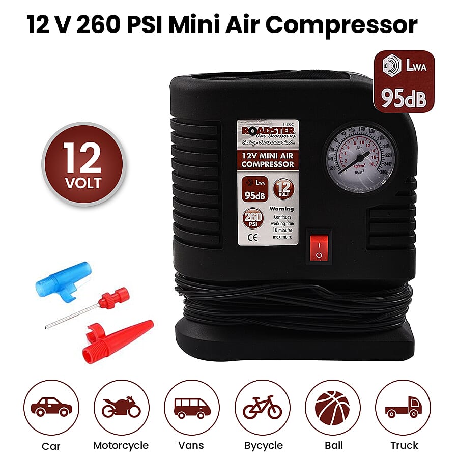 12 V 260 PSI Mini Air Compressor with Pressure Dial Gauge