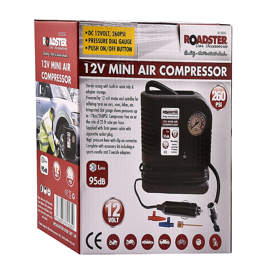 12 V 260 PSI Mini Air Compressor with Pressure Dial Gauge