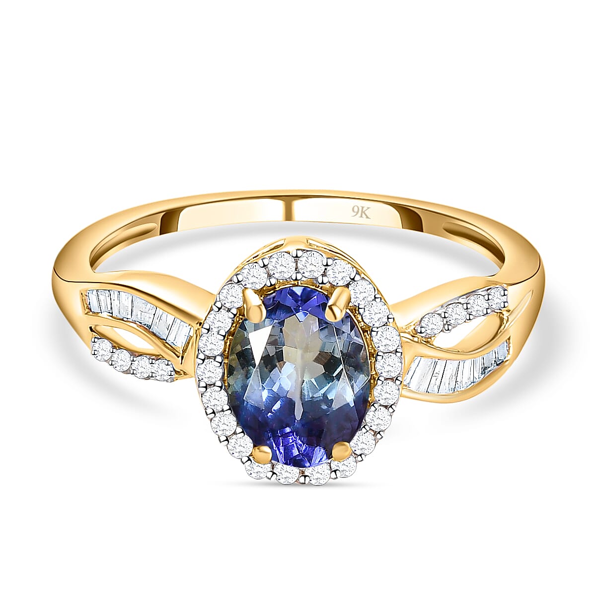 9K Yellow Gold Peacock Tanzanite and Diamond Ring 1.65 Ct.