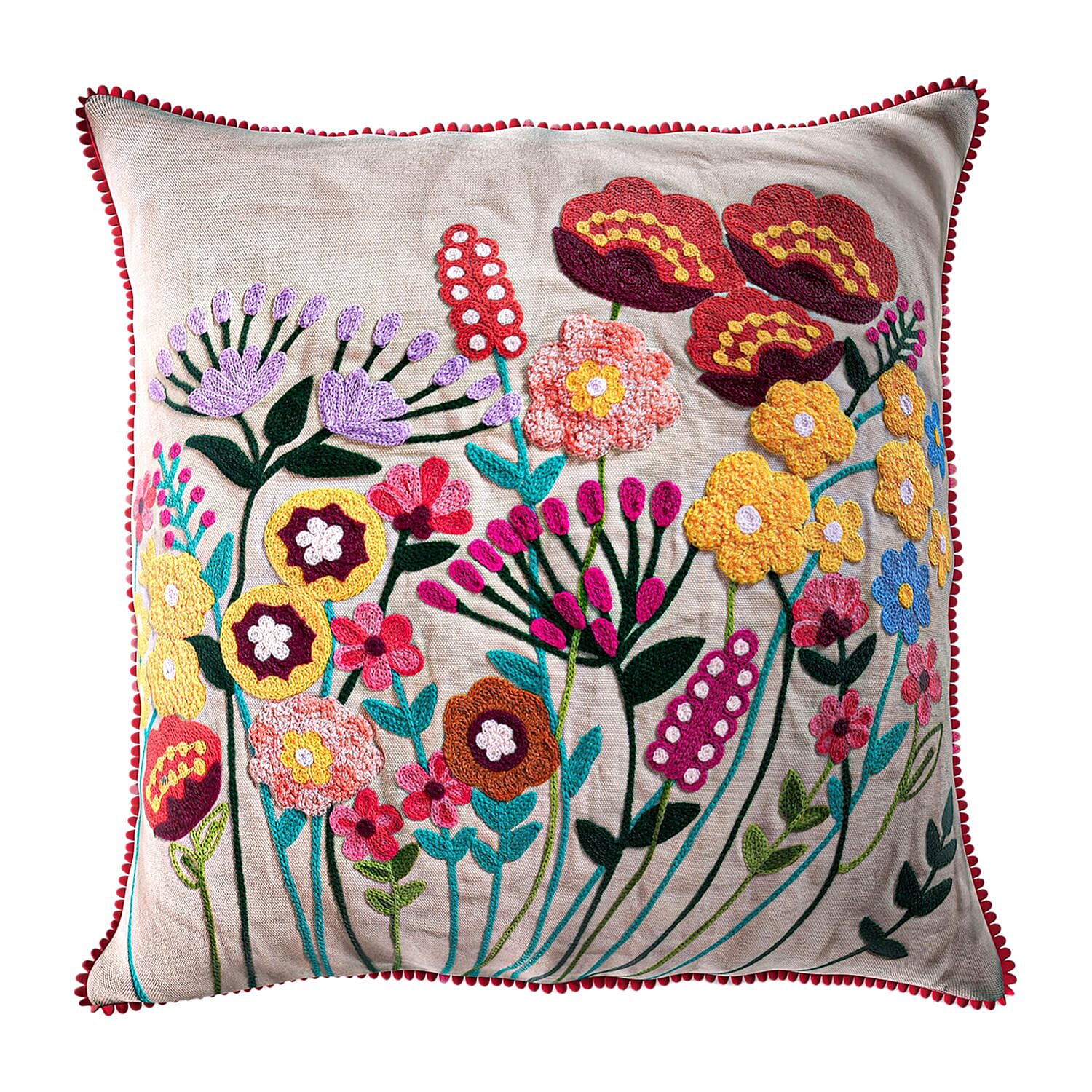 Cotton Flower Embroidered Cushion Cover - Off White & Green