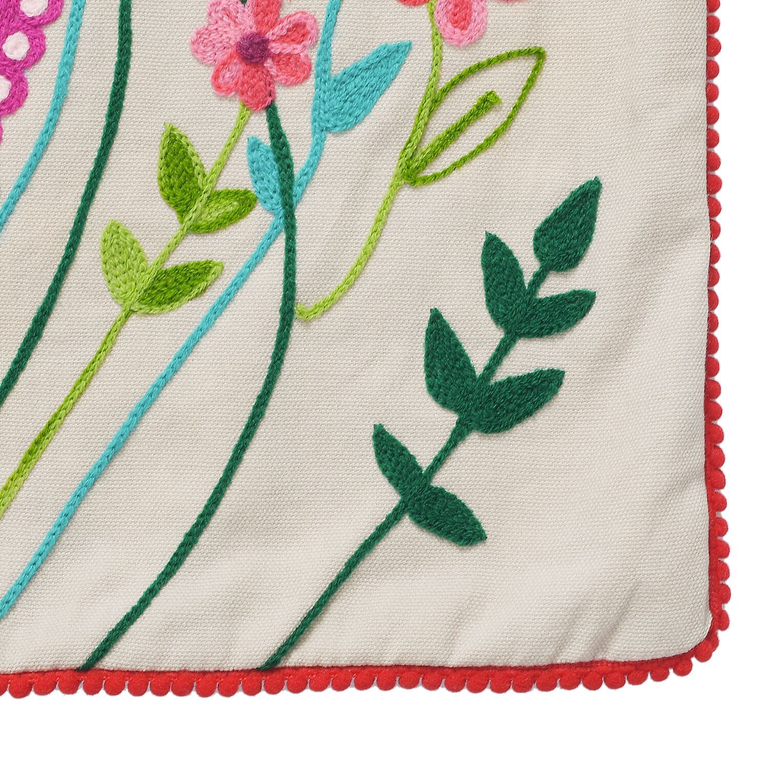 Cotton Flower Embroidered Cushion Cover - Off White & Green