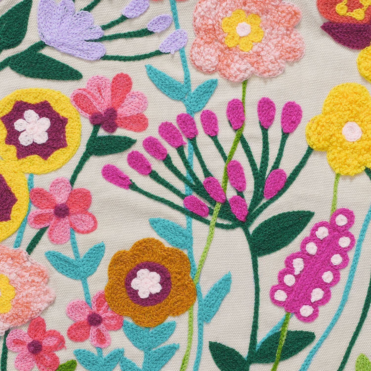 Cotton Flower Embroidered Cushion Cover - Off White & Green