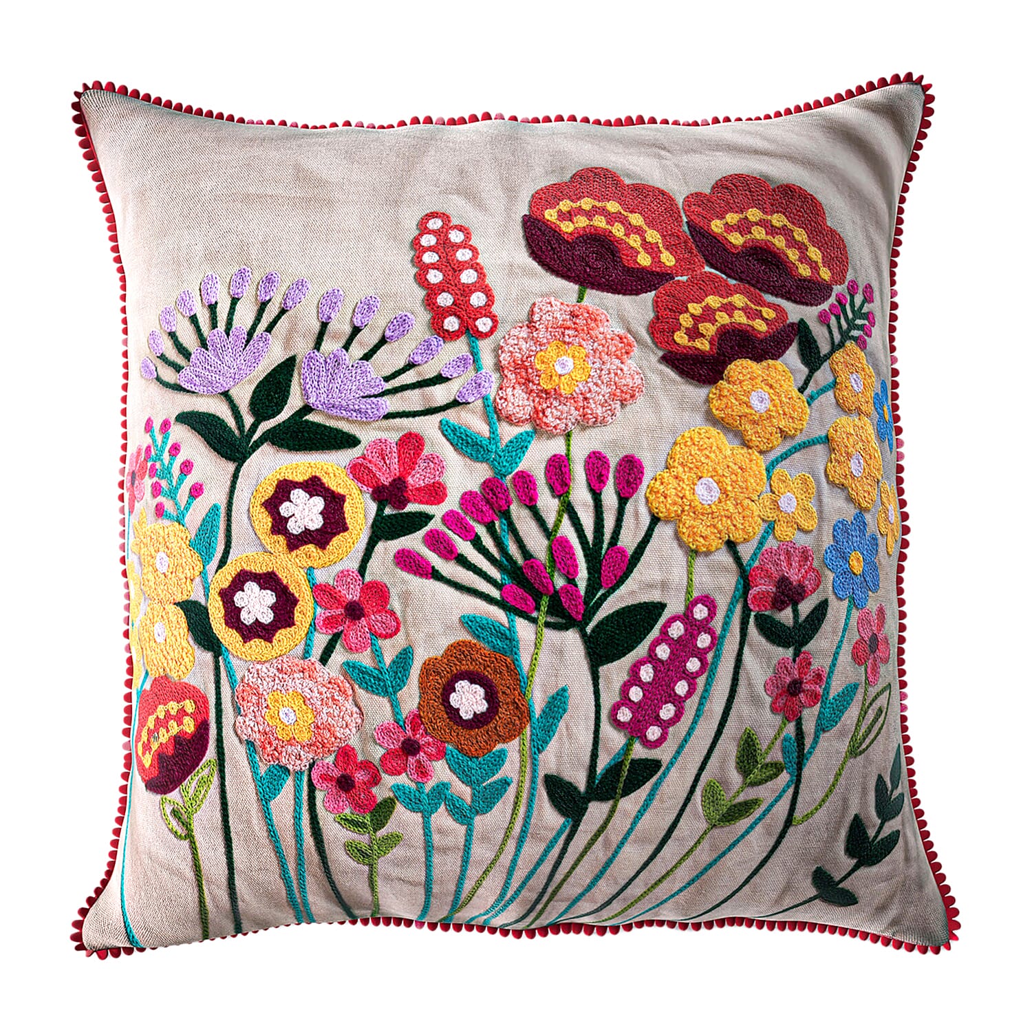 Cotton Flower Embroidered Cushion Cover - Off White & Green Cotton Flower Embroidered Cushion Cover - Off White & Green