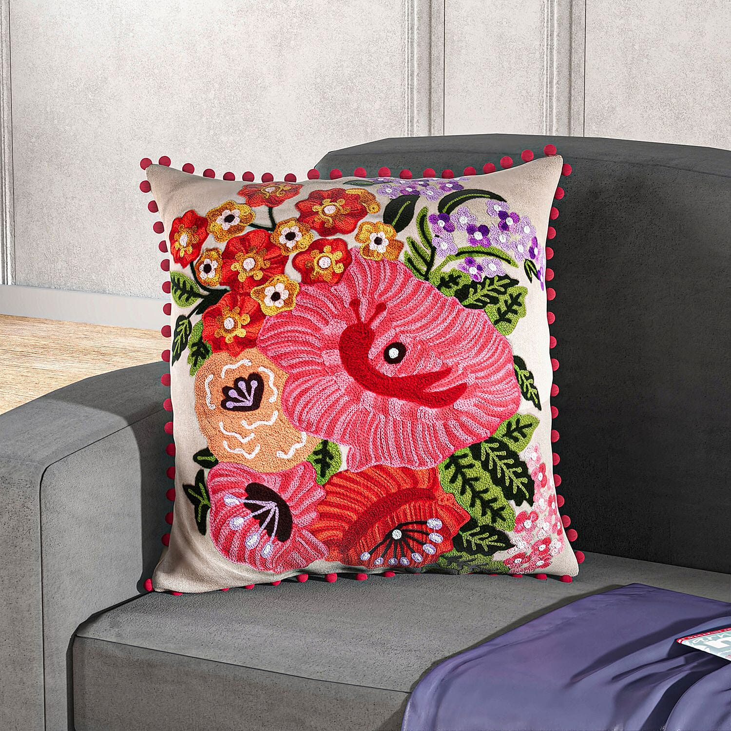 Cotton Flower Embroidered Cushion Cover (Size 45x45 Cm) - Off White & Red