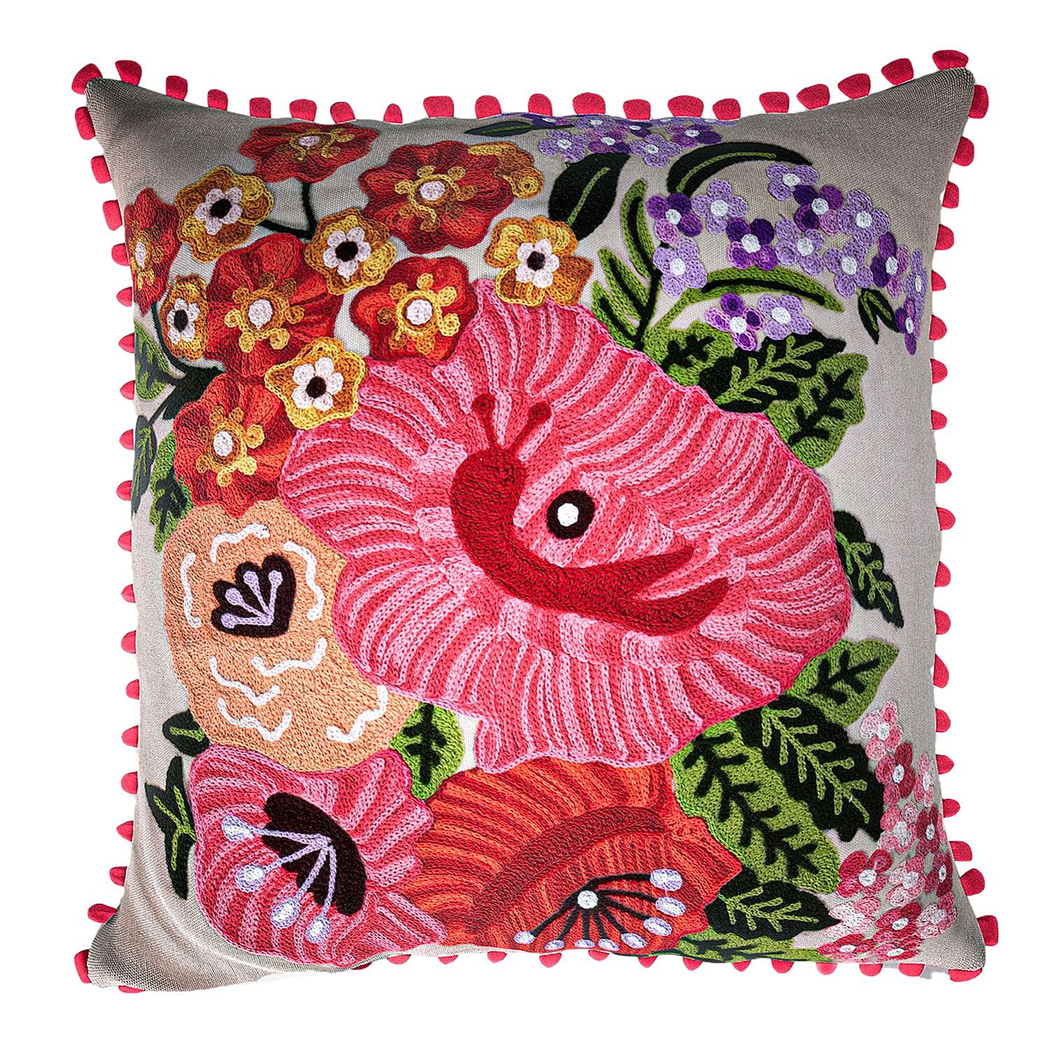 Cotton Flower Embroidered Cushion Cover (Size 45x45 Cm) - Off White & Red