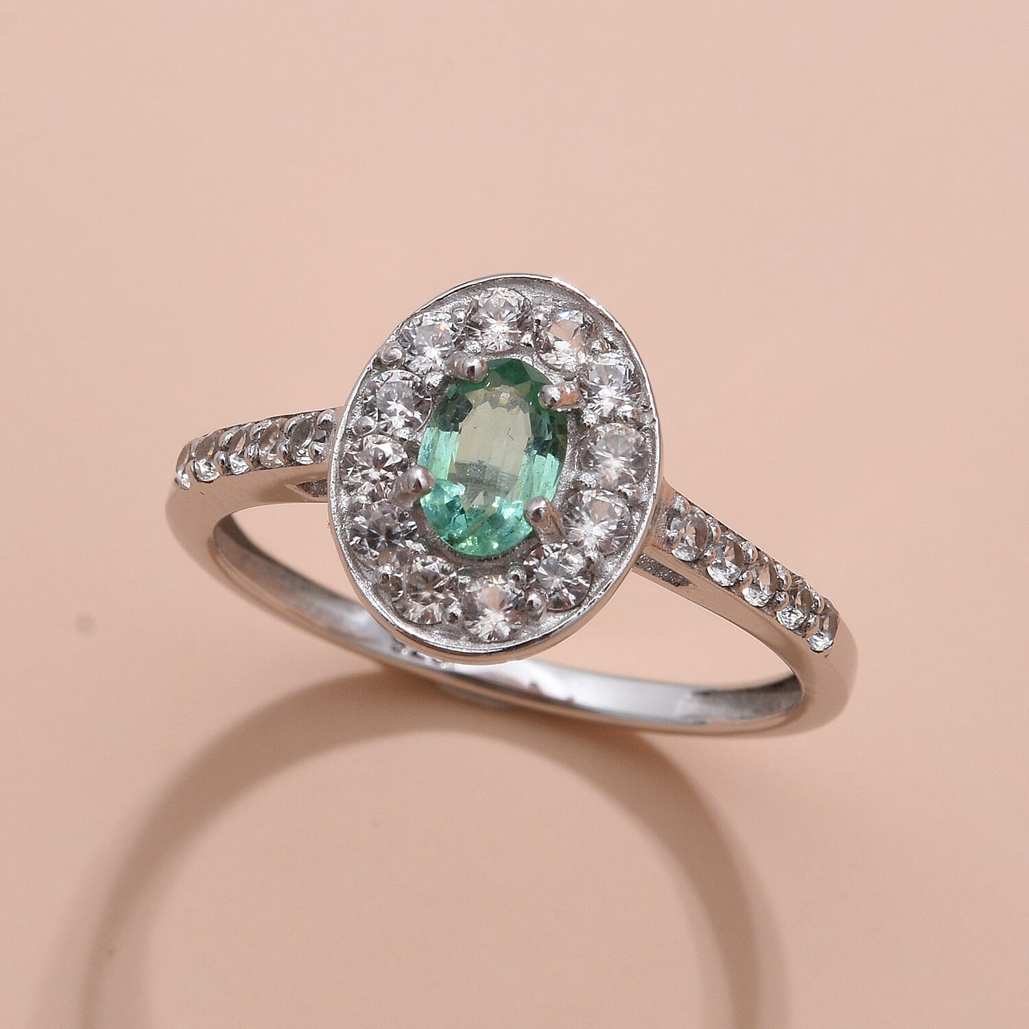 Kagem Zambian Emerald and Natural Zircon Ring in Platinum Overlay Sterling Silver 1.02 Ct