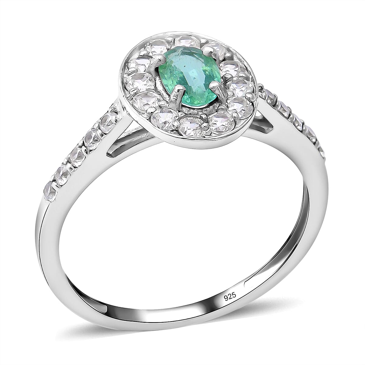 Kagem Zambian Emerald and Natural Zircon Ring in Platinum Overlay Sterling Silver 1.02 Ct