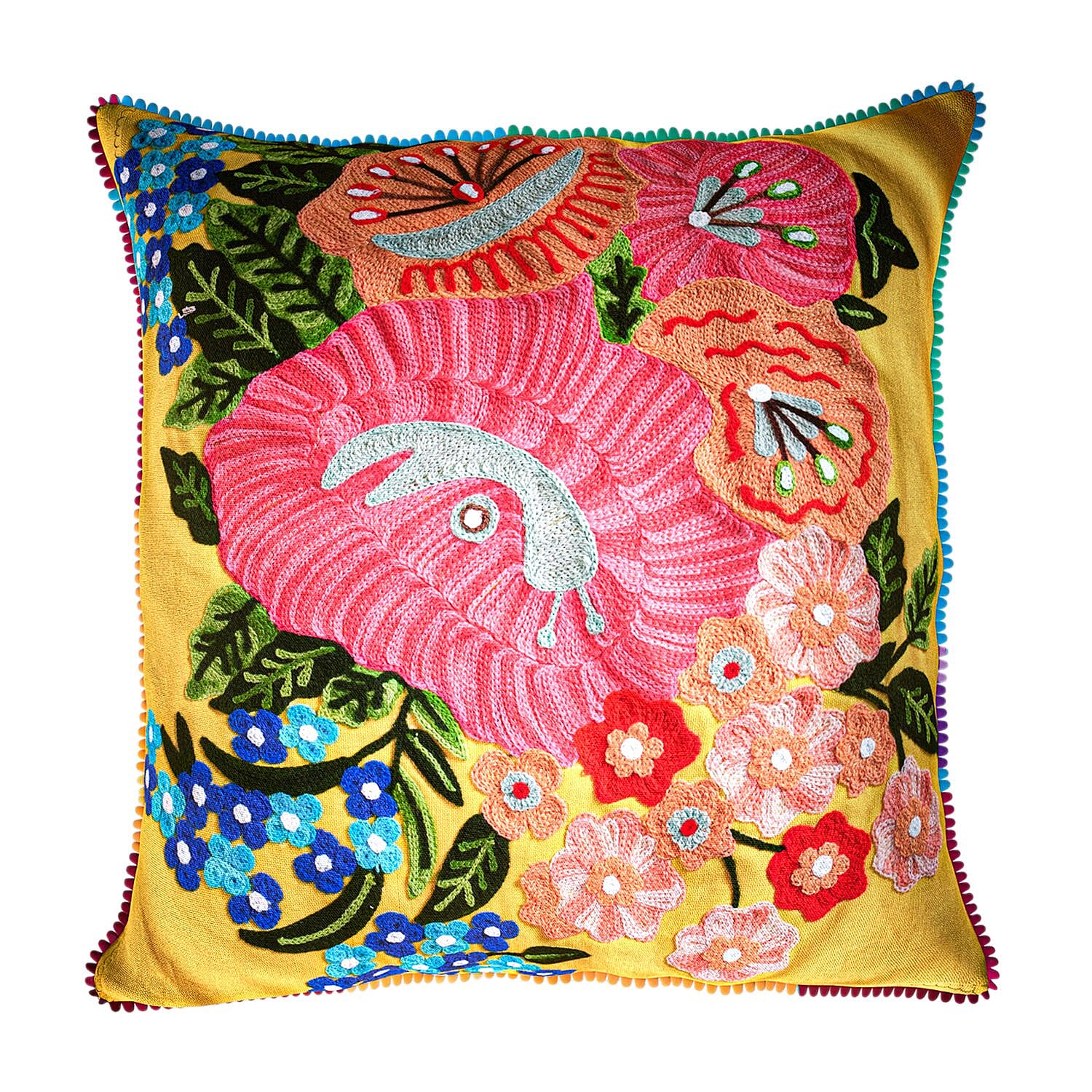 Cotton Flower Embroidered Cushion Cover (Size 45x45 Cm) - Mustard