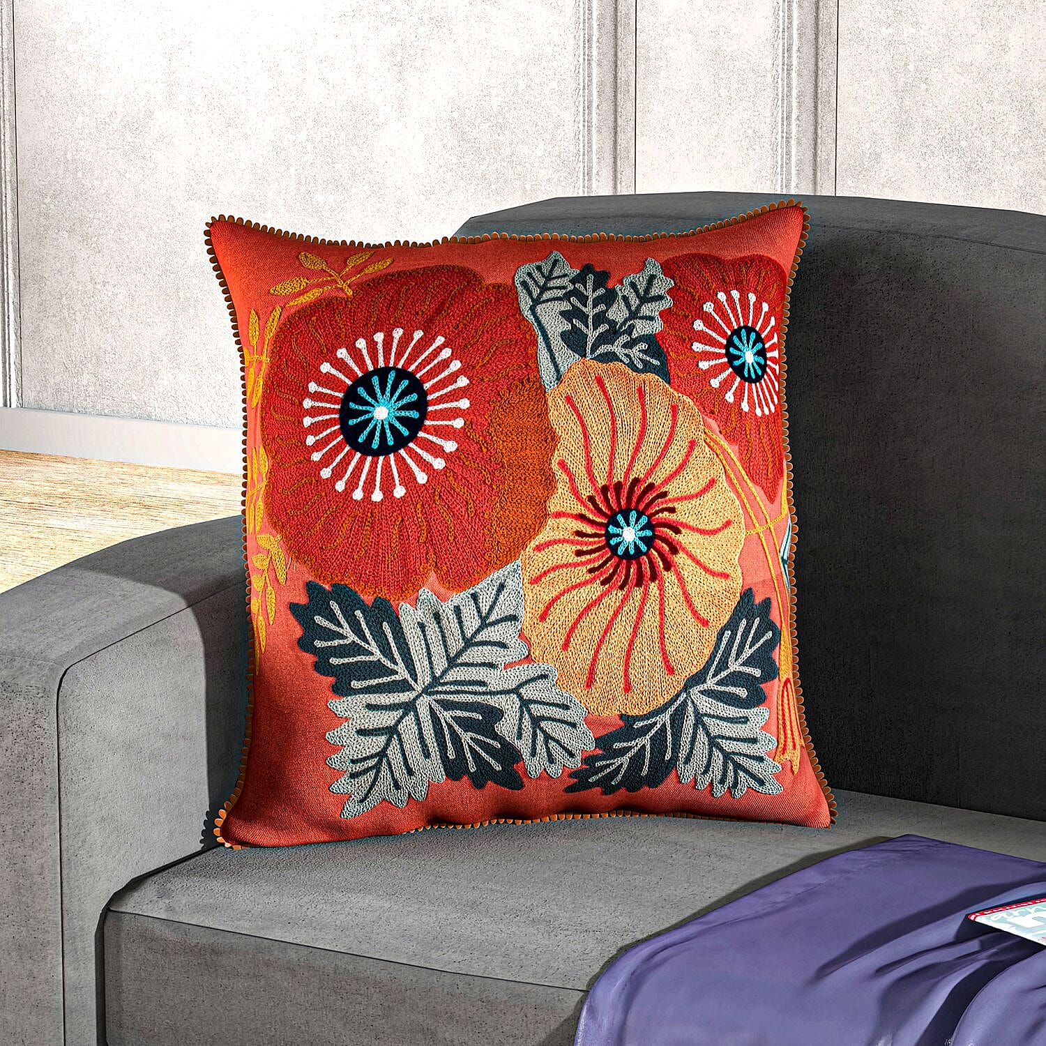 Cotton Flower Embroidered Cushion Cover (Size 45x45 Cm) - Peach