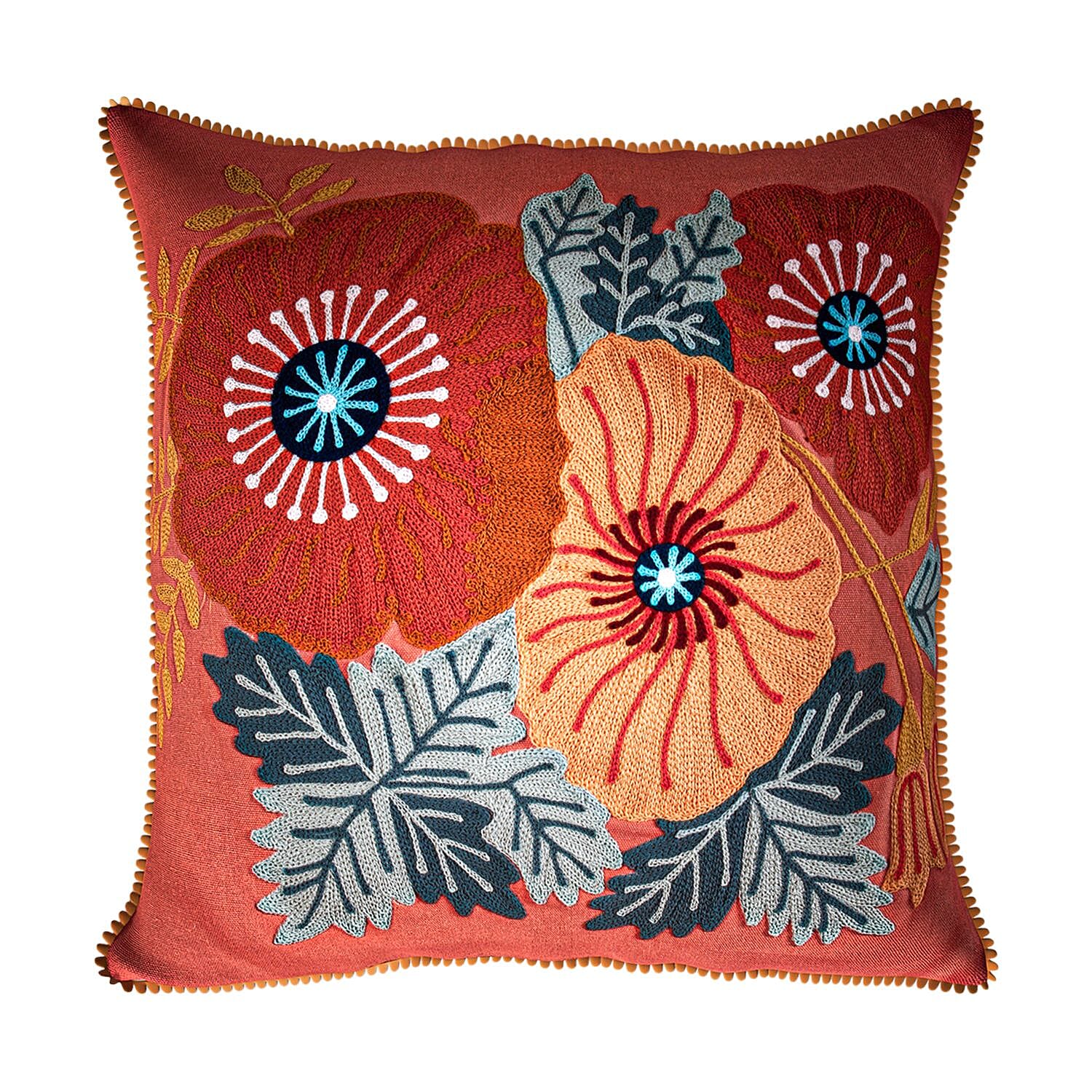 Cotton Flower Embroidered Cushion Cover (Size 45x45 Cm) - Peach