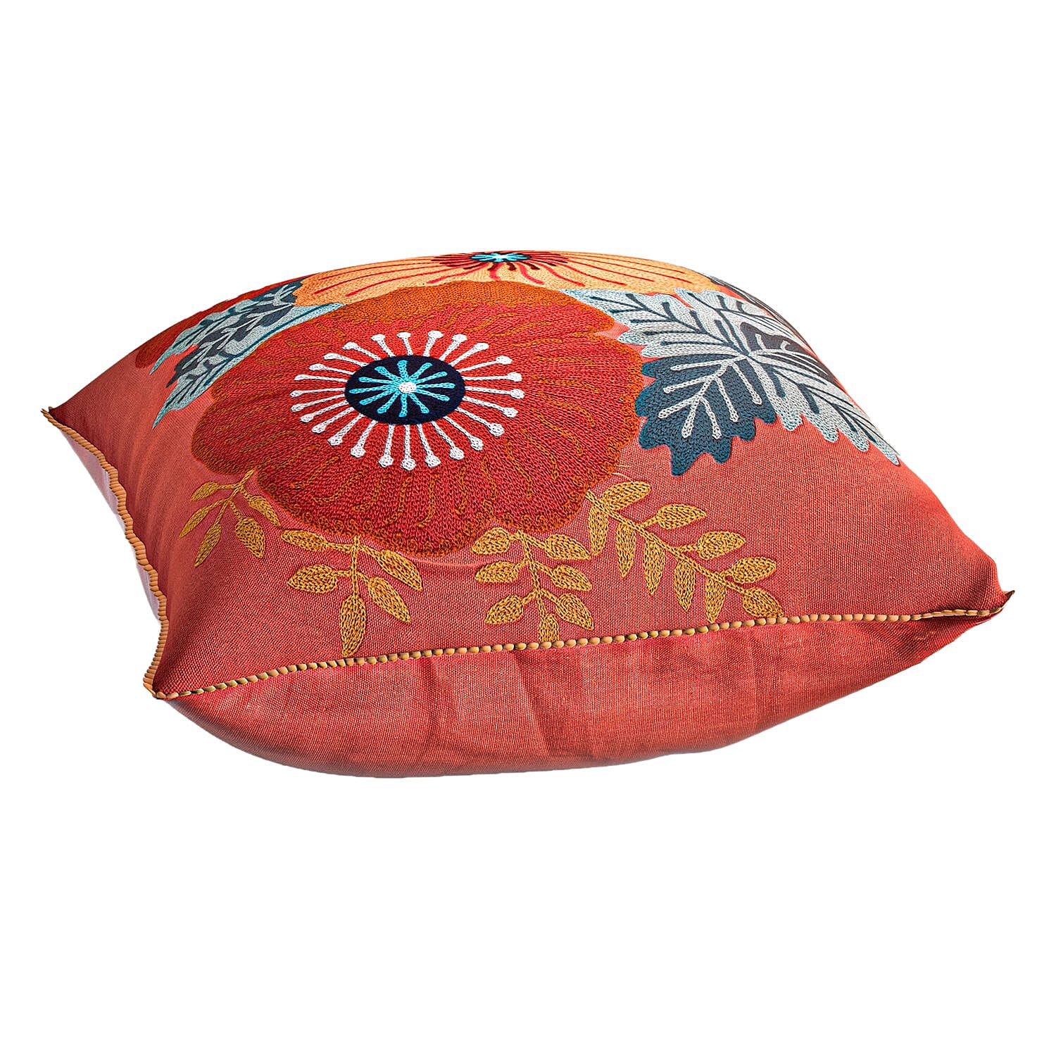 Cotton Flower Embroidered Cushion Cover (Size 45x45 Cm) - Peach