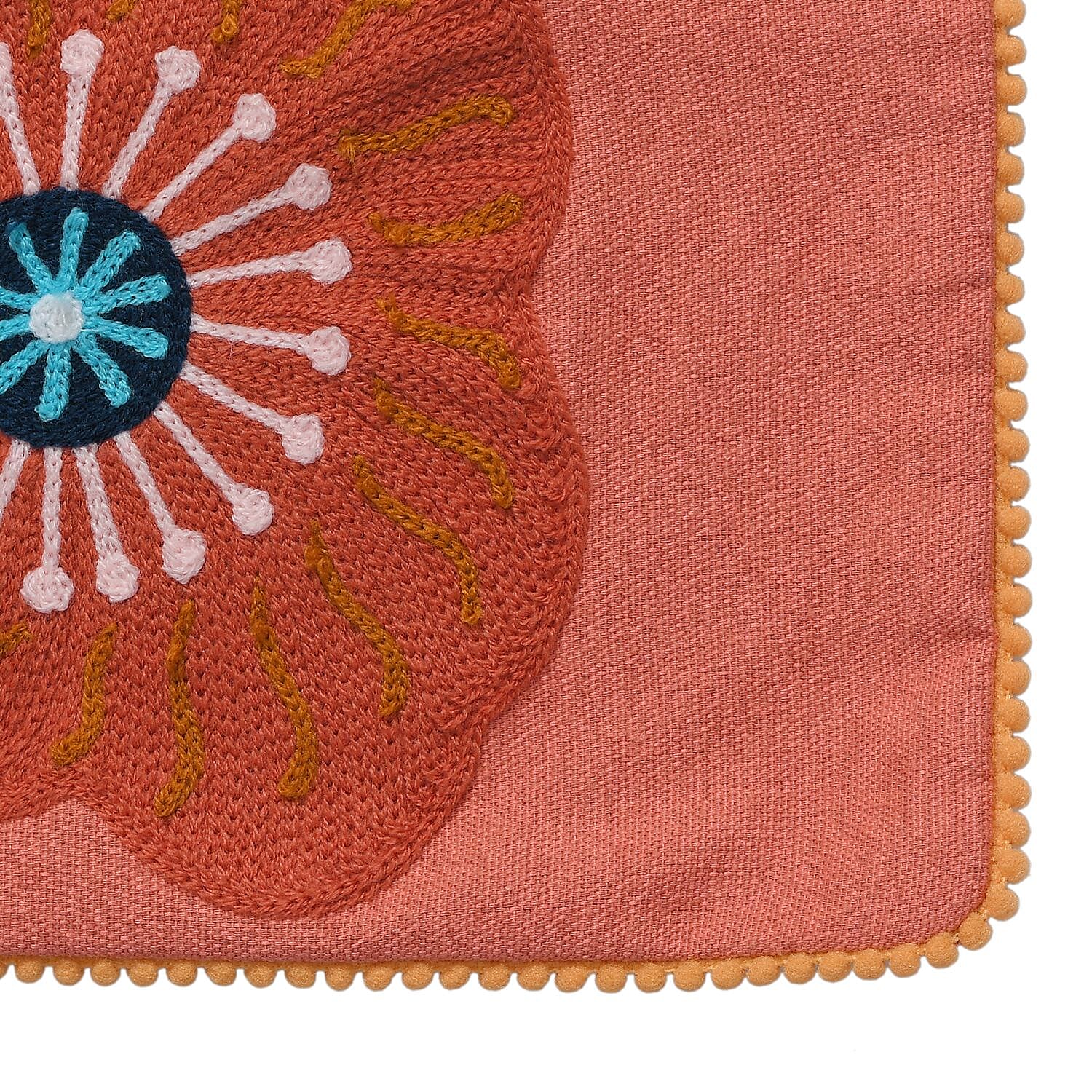 Cotton Flower Embroidered Cushion Cover (Size 45x45 Cm) - Peach