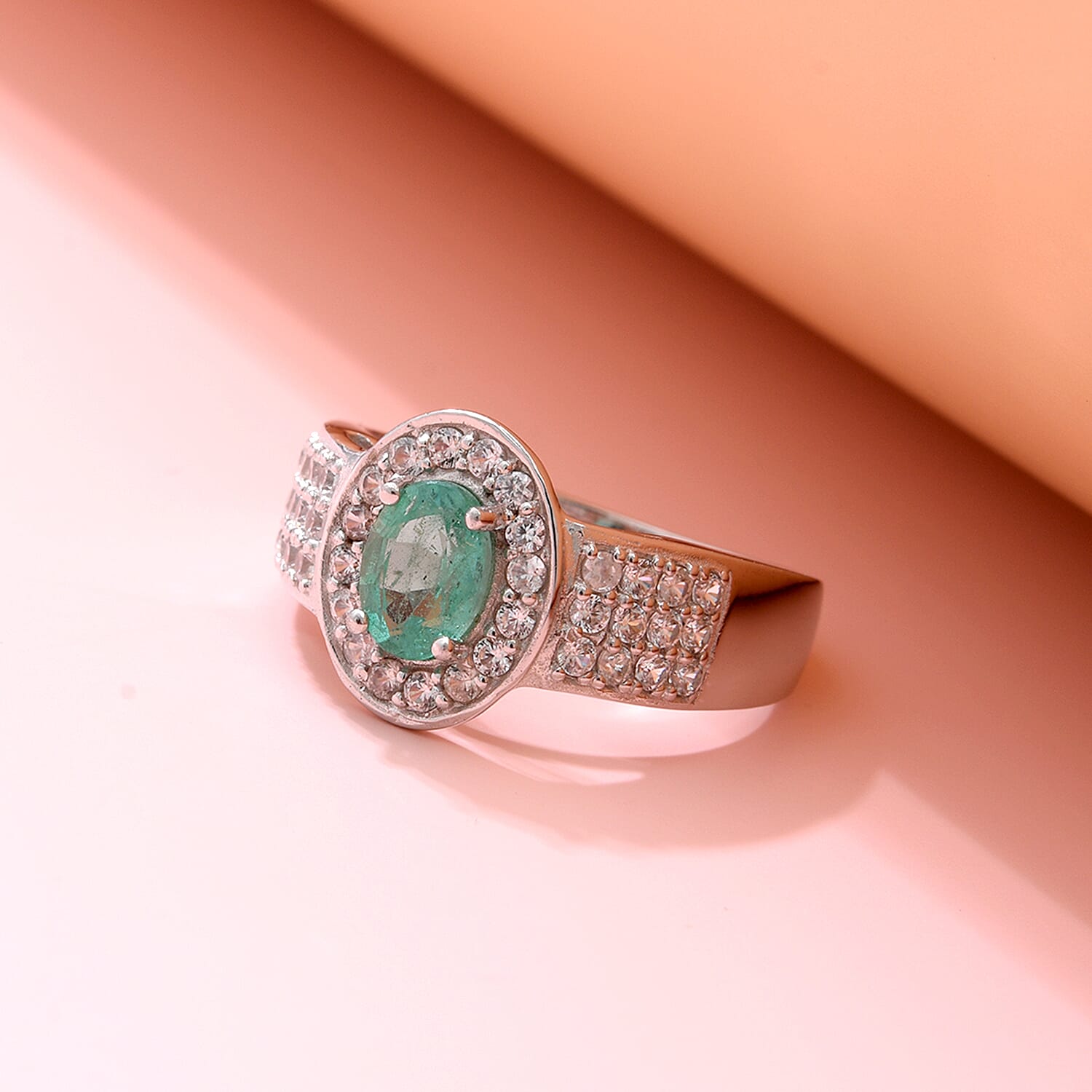 Kagem Zambian Emerald and Natural Zircon Ring in Rhodium Overlay Sterling Silver 1.62 Ct.