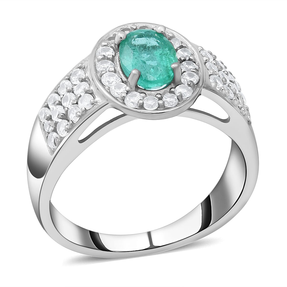 Kagem Zambian Emerald and Natural Zircon Ring in Rhodium Overlay Sterling Silver 1.62 Ct.