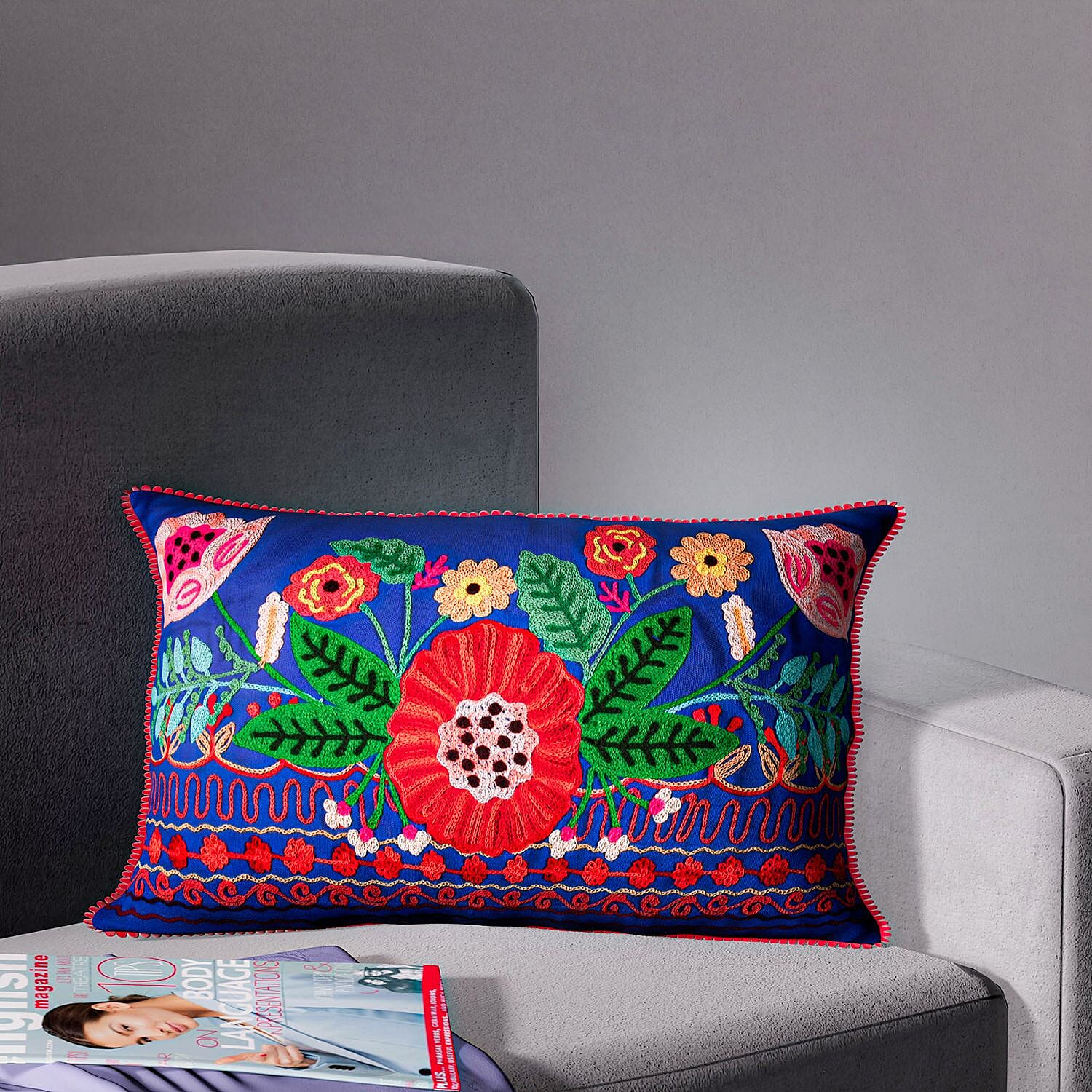 Cotton Flower Embroidered Lumber Cushion Cover (Size 50x30 Cm) - Blue & Multi