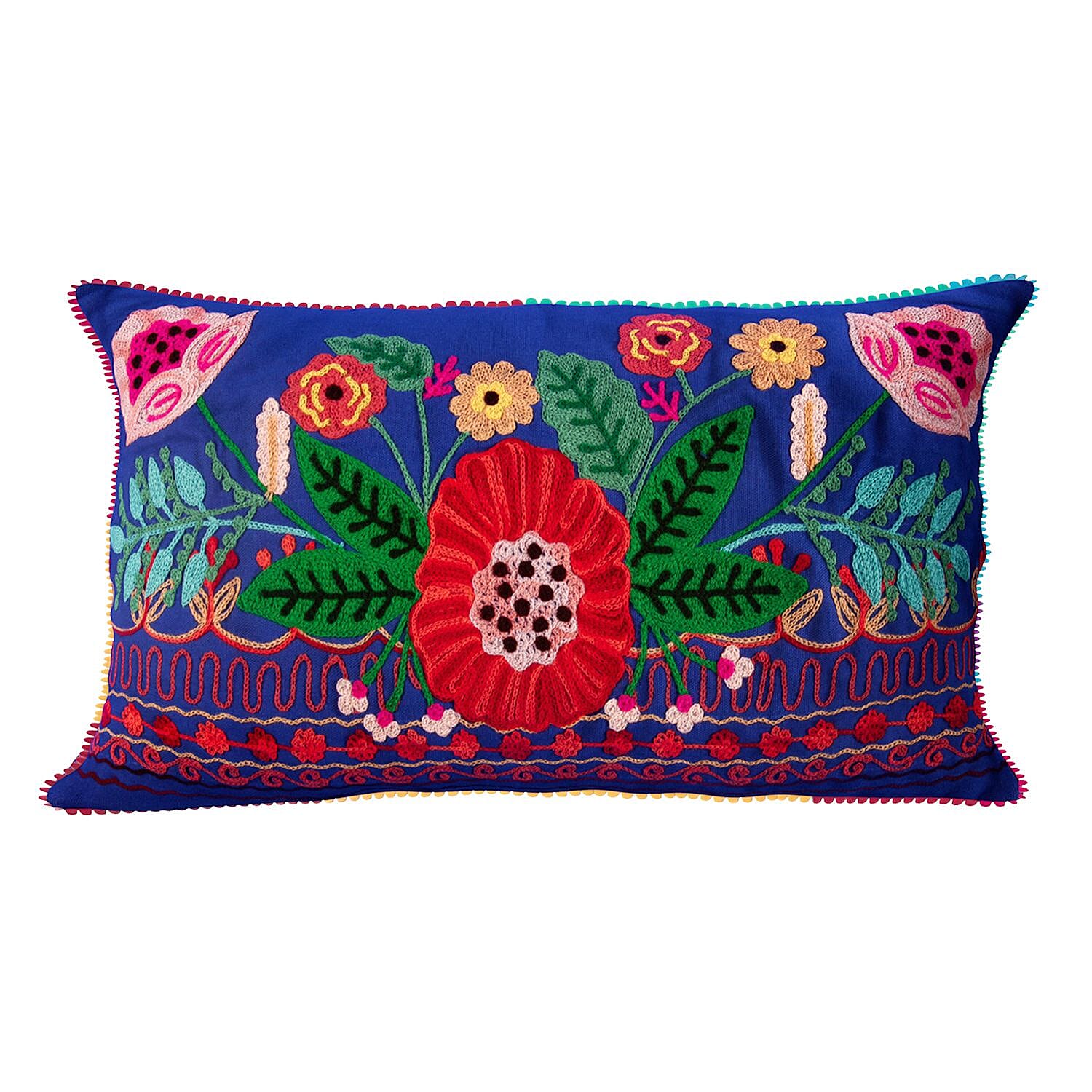 Cotton Flower Embroidered Lumber Cushion Cover (Size 50x30 Cm) - Blue & Multi