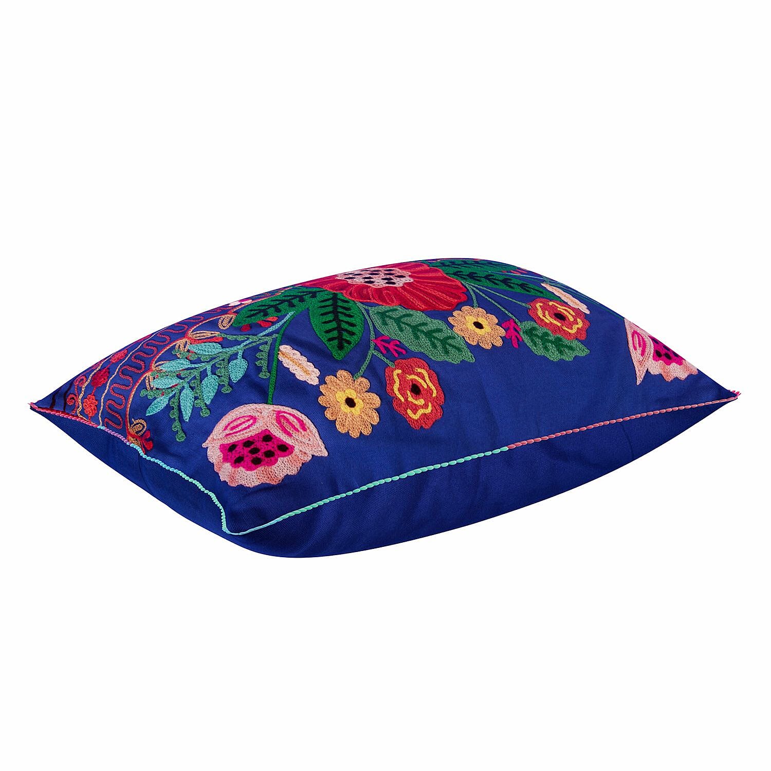 Cotton Flower Embroidered Lumber Cushion Cover (Size 50x30 Cm) - Blue & Multi