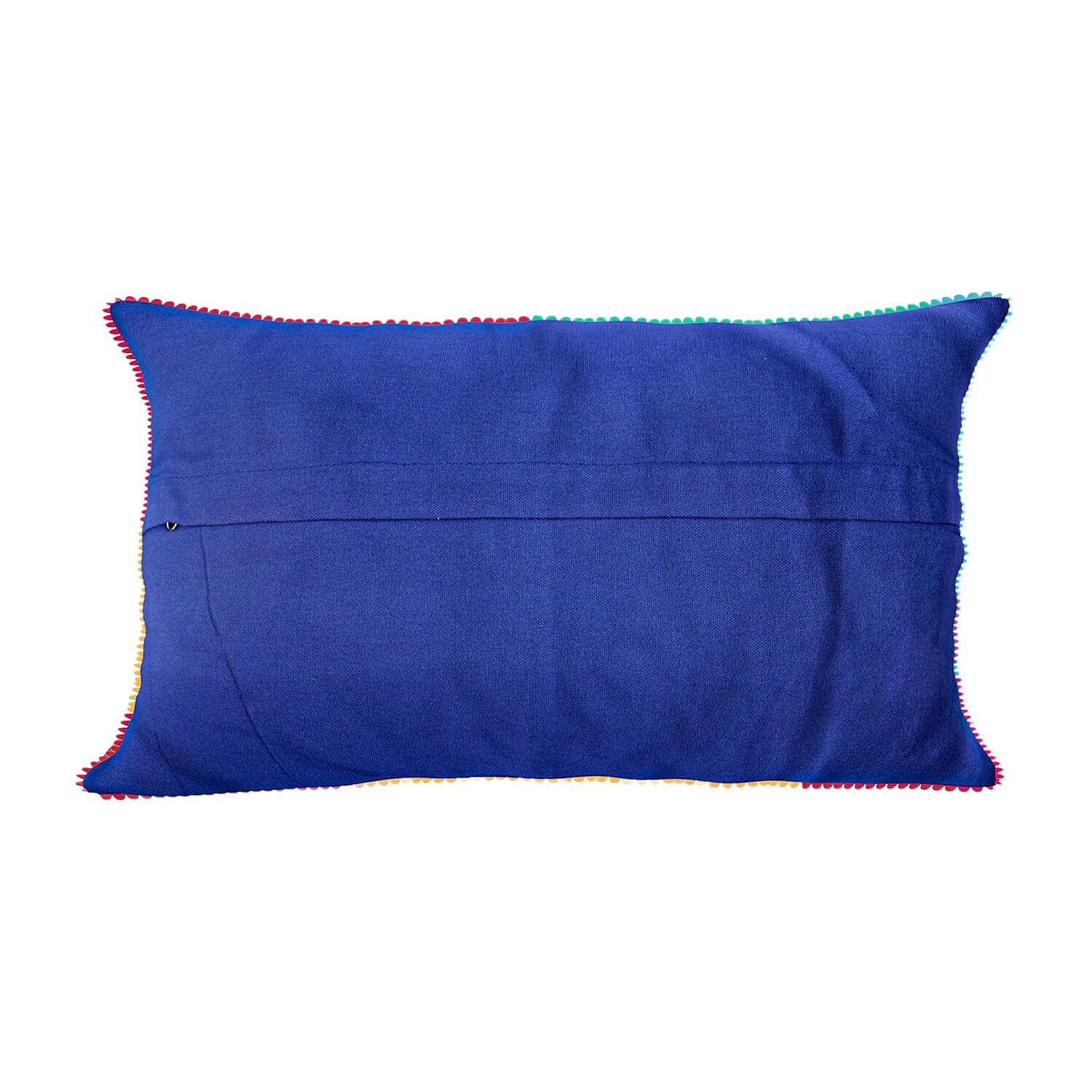 Cotton Flower Embroidered Lumber Cushion Cover (Size 50x30 Cm) - Blue & Multi