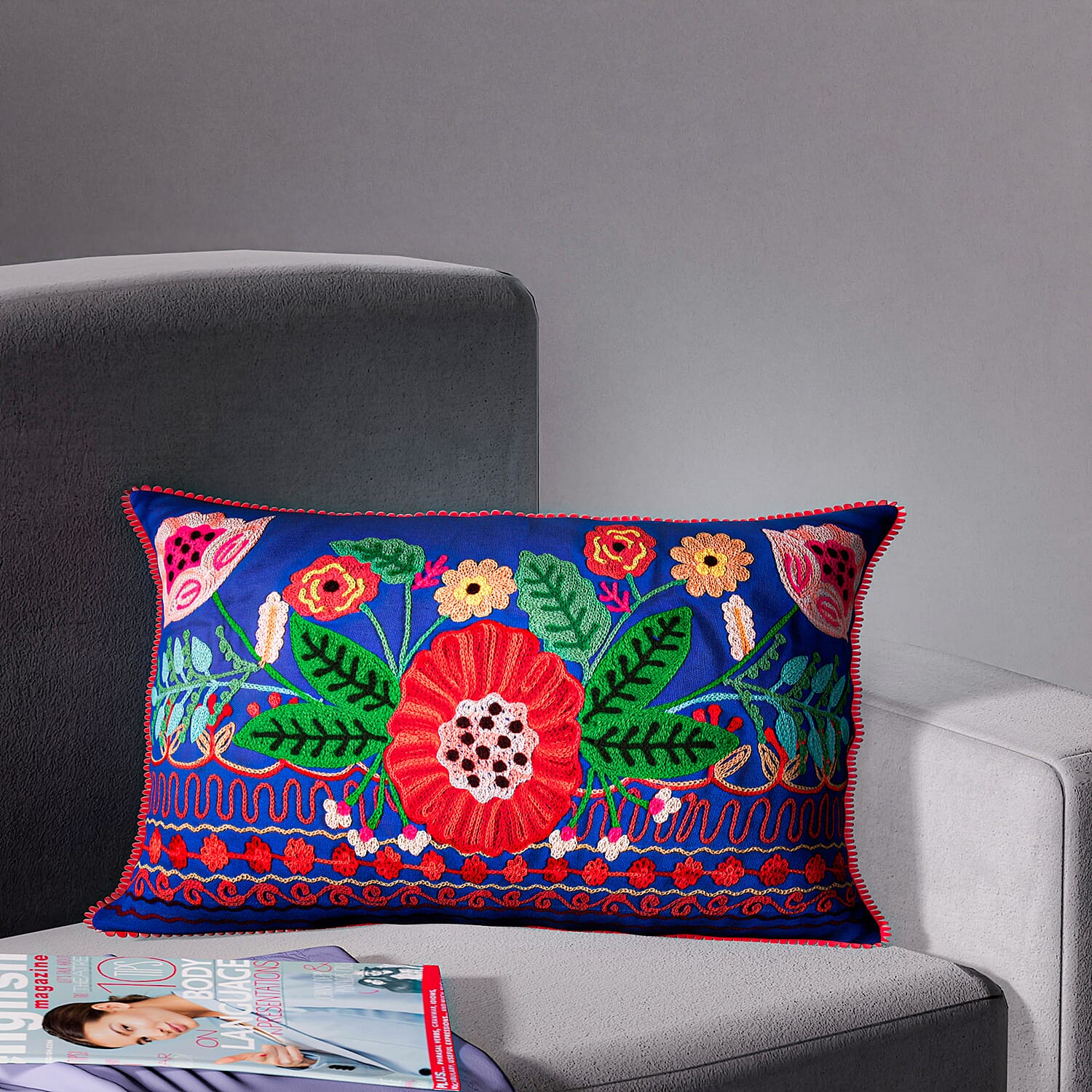 Cotton Floral Cushion Cover - Blue & Multicolor