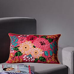 Cotton Flower Embroidered Lumber Cushion Cover (Size 50x30 Cm) - Pink & Multi