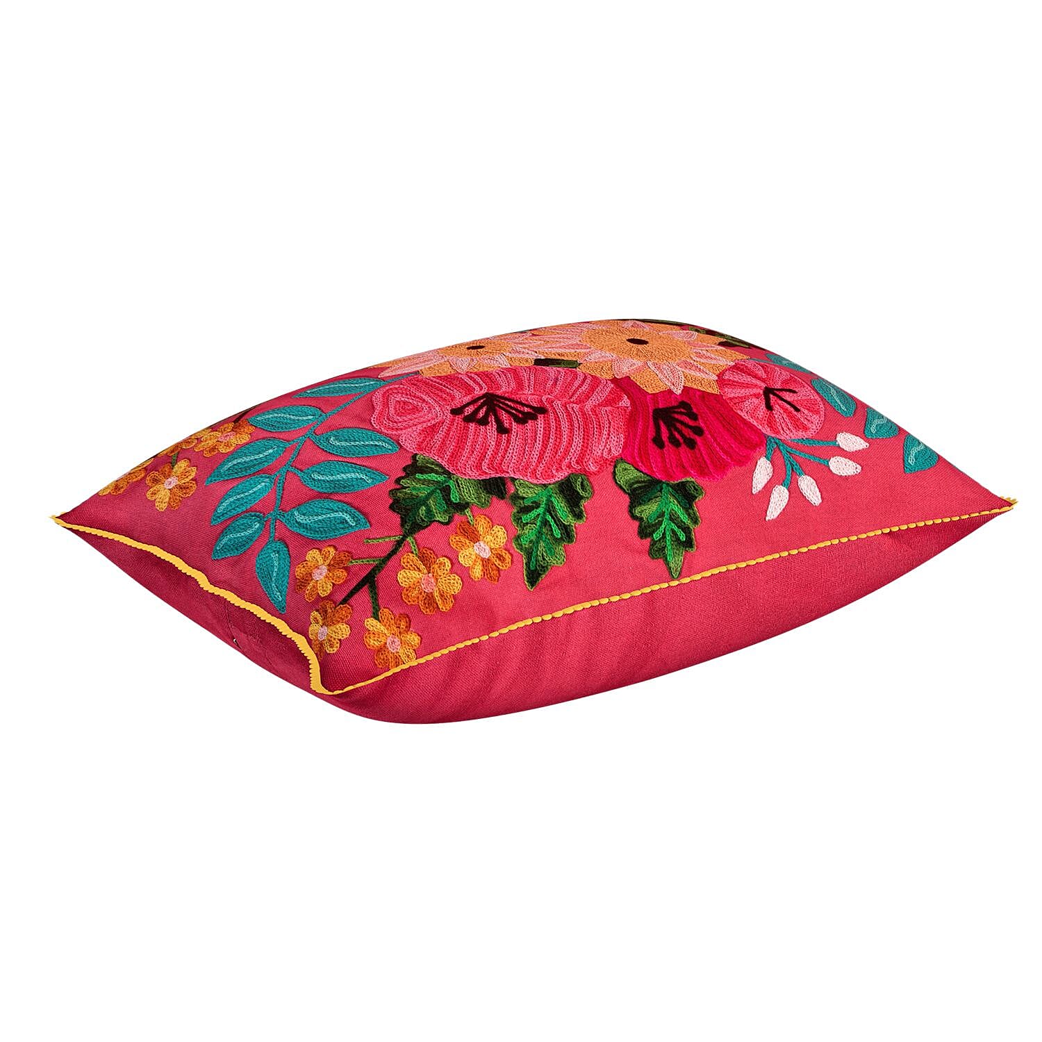 Cotton Flower Embroidered Lumber Cushion Cover (Size 50x30 Cm) - Pink & Multi