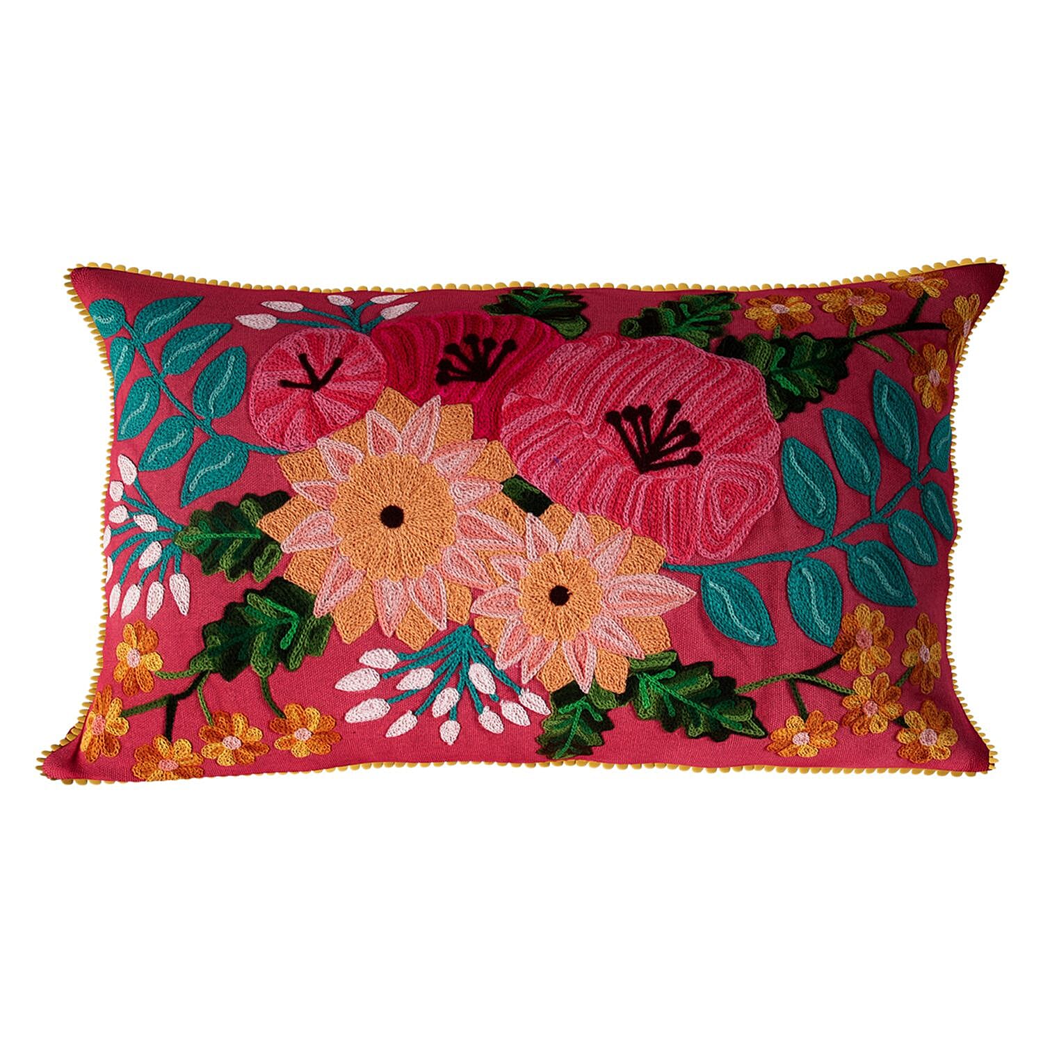 Cotton Flower Embroidered Lumber Cushion Cover (Size 50x30 Cm) - Pink & Multi