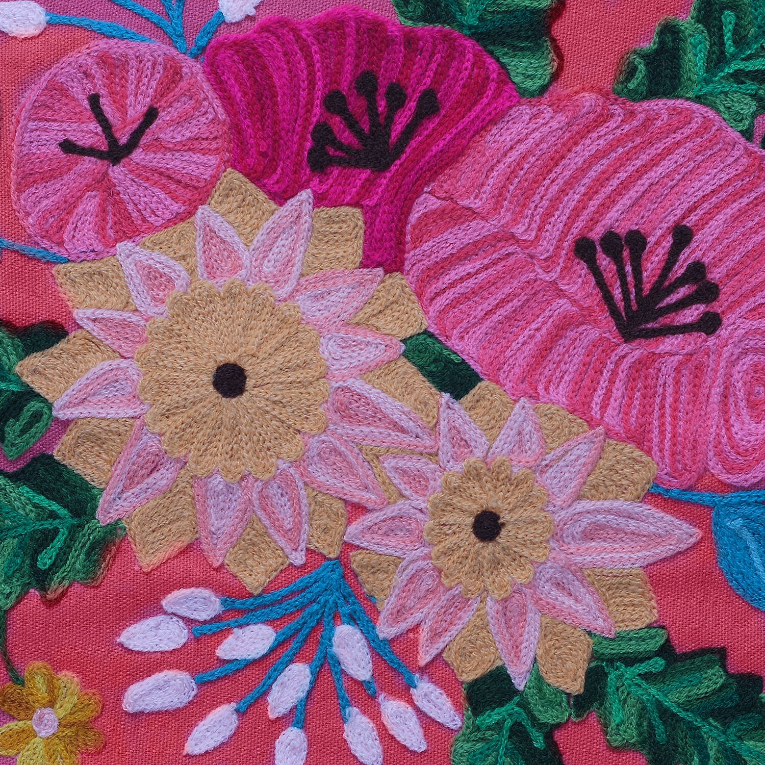 Cotton Flower Embroidered Lumber Cushion Cover (Size 50x30 Cm) - Pink & Multi