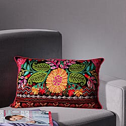 Cotton Flower Embroidered Lumber Cushion Cover (Size 50x30 Cm) - Pink & Multi