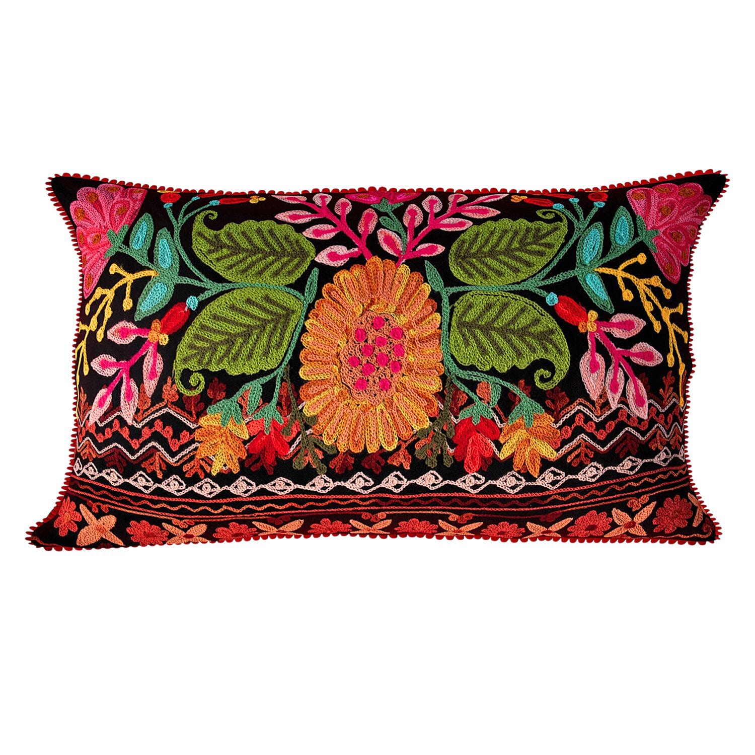 Cotton Flower Embroidered Lumber Cushion Cover (Size 50x30 Cm) - Black & Multi