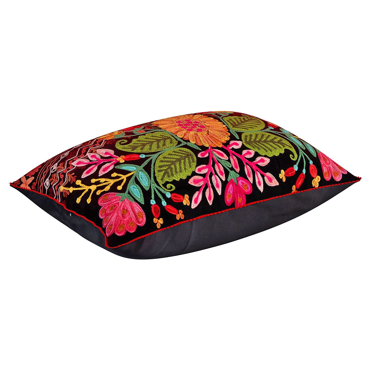 Cotton Flower Embroidered Lumber Cushion Cover (Size 50x30 Cm) - Black & Multi
