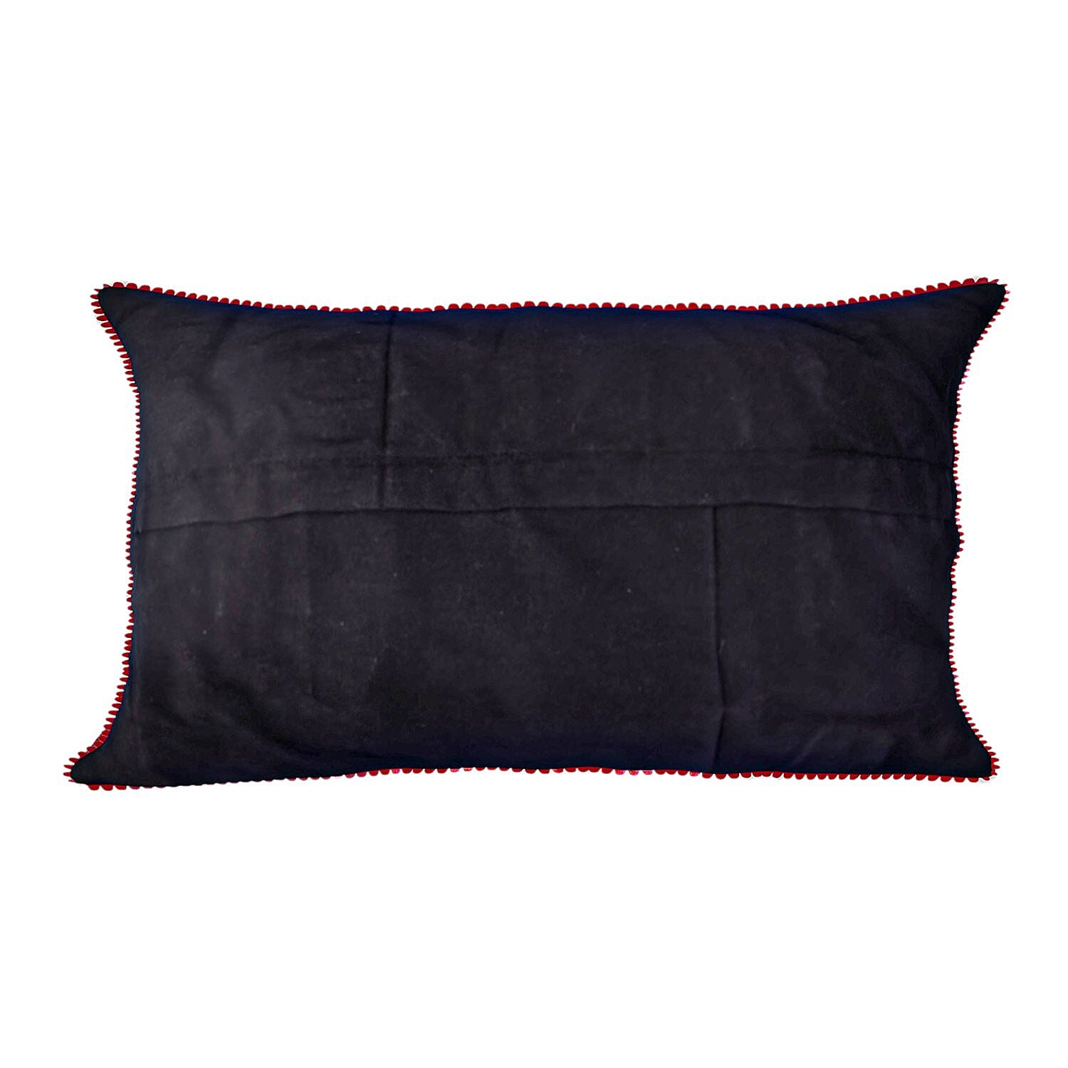 Cotton Flower Embroidered Lumber Cushion Cover (Size 50x30 Cm) - Black & Multi