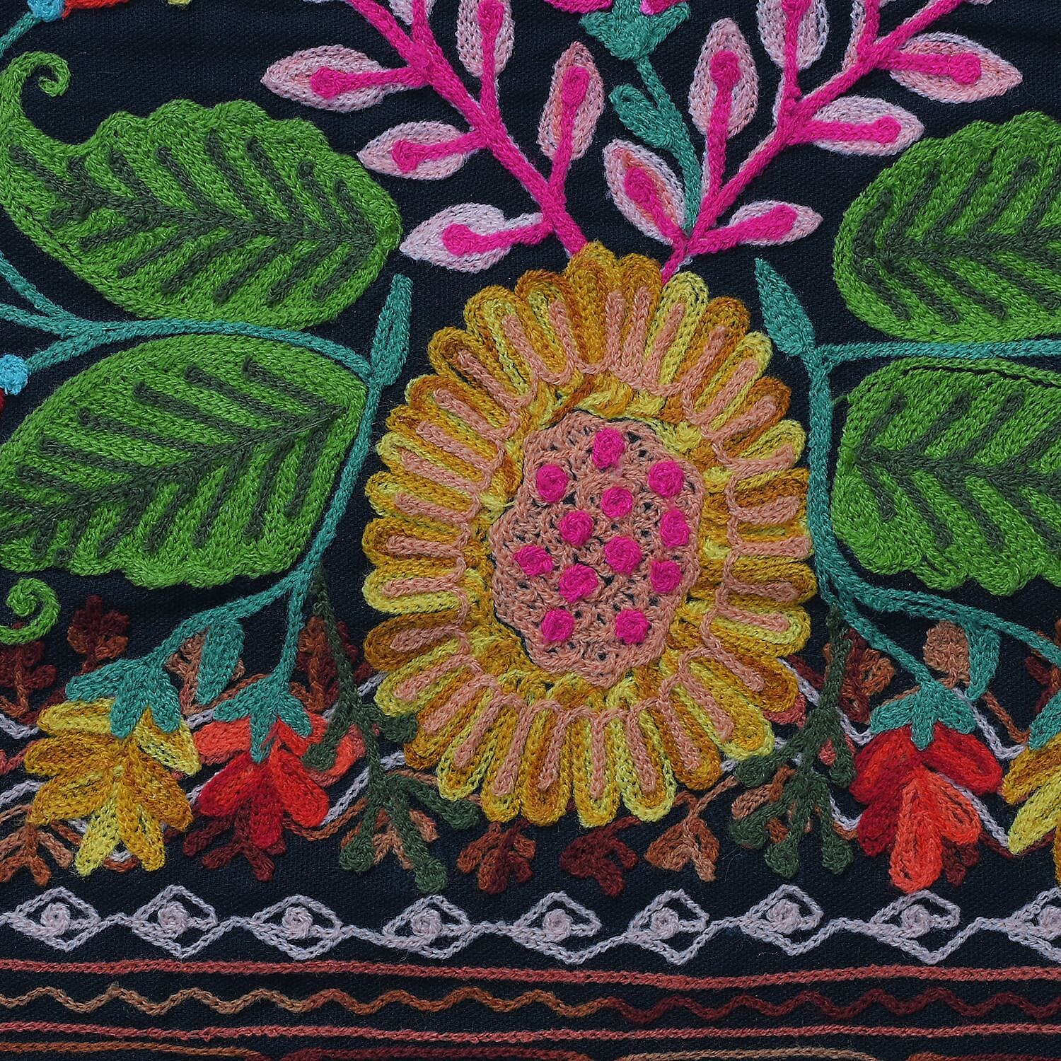 Cotton Flower Embroidered Lumber Cushion Cover (Size 50x30 Cm) - Black & Multi