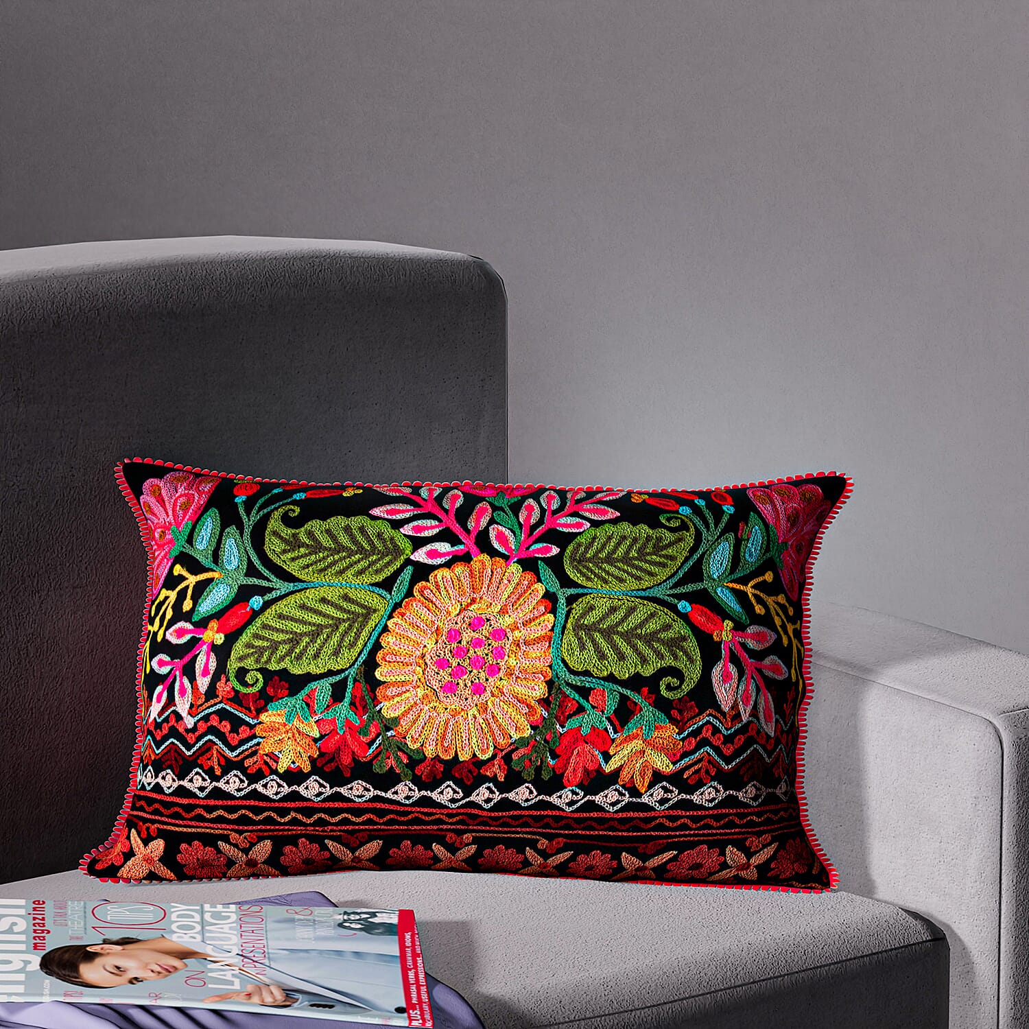 Cotton Flower Embroidered Lumber Cushion Cover (Size 50x30 Cm) - Black & Multi