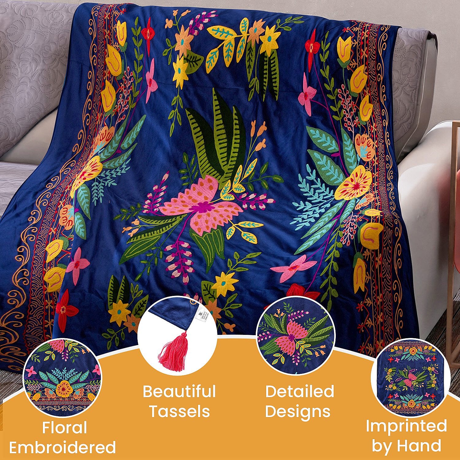 Velvet Embroidered Throw Blanket with Tassels (Size 125x150 Cm) - Navy & Multi
