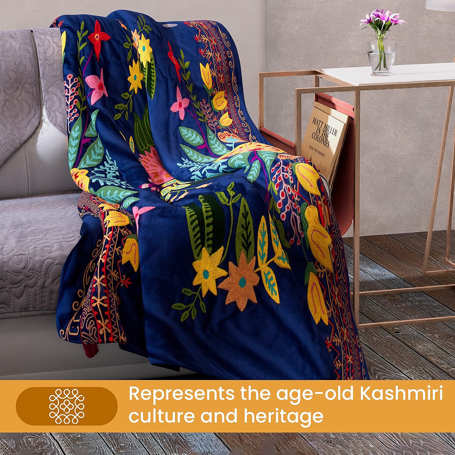 Velvet Embroidered Throw Blanket with Tassels (Size 125x150 Cm) - Navy & Multi