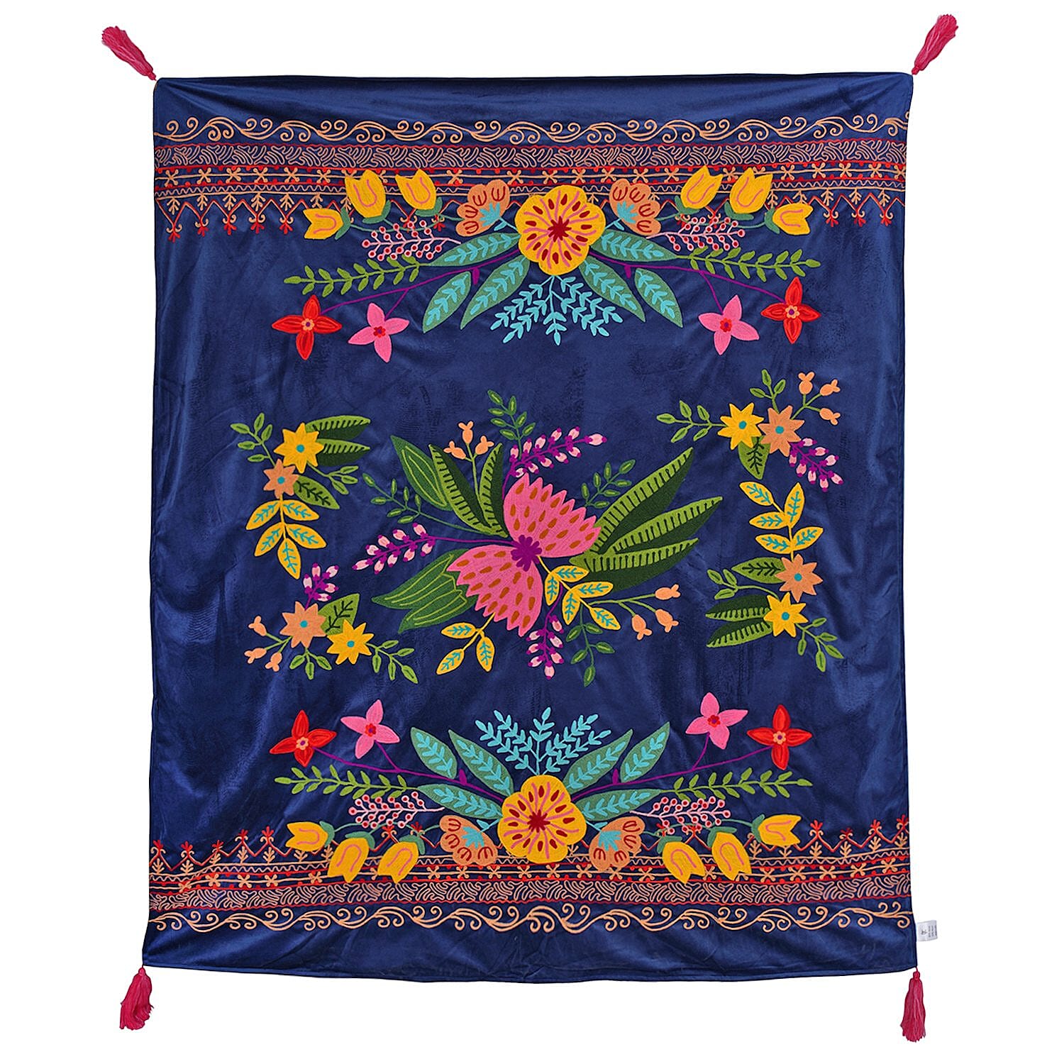 Velvet Embroidered Throw Blanket with Tassels (Size 125x150 Cm) - Navy & Multi
