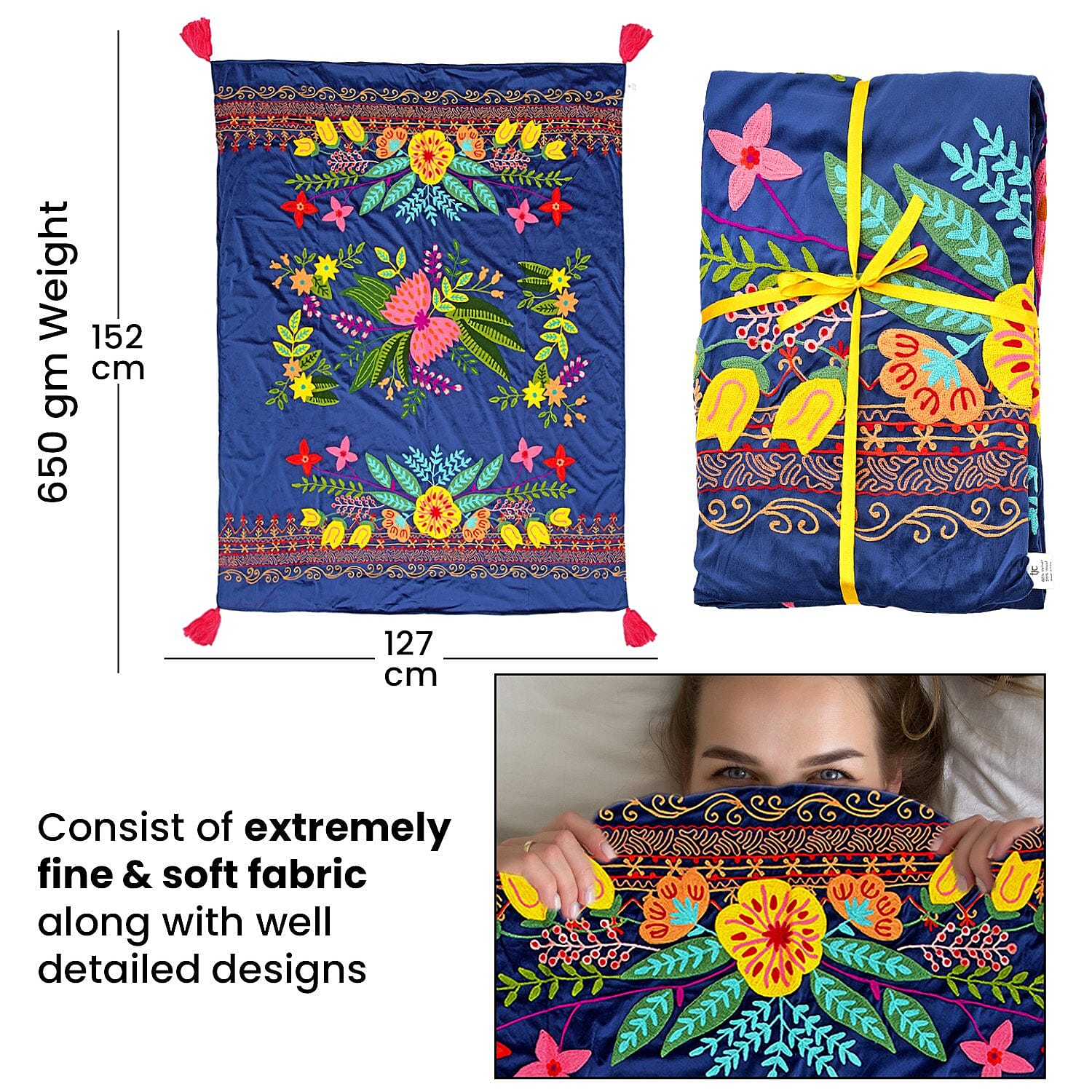 Velvet Embroidered Throw Blanket with Tassels (Size 125x150 Cm) - Navy & Multi
