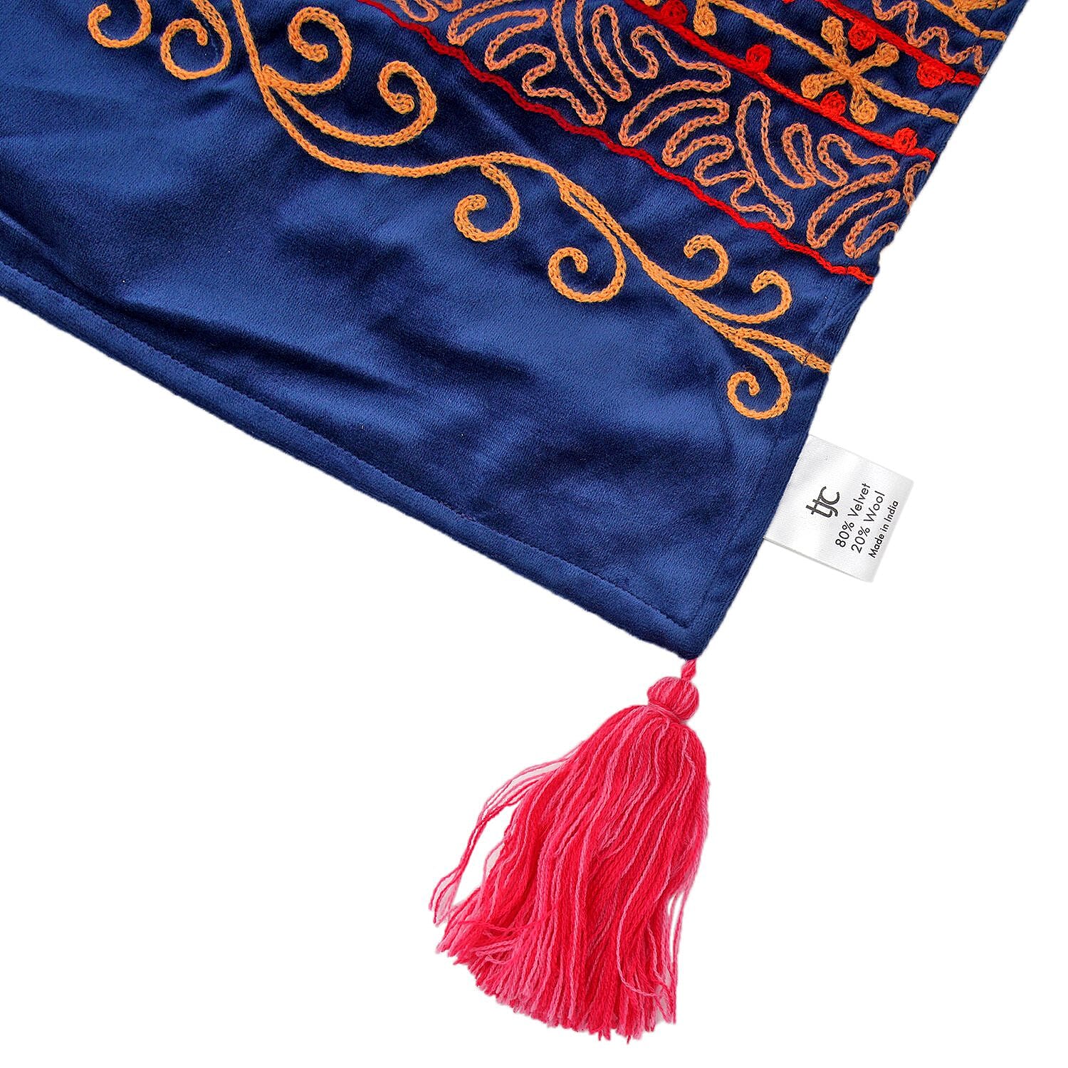 Velvet Embroidered Throw Blanket with Tassels (Size 125x150 Cm) - Navy & Multi