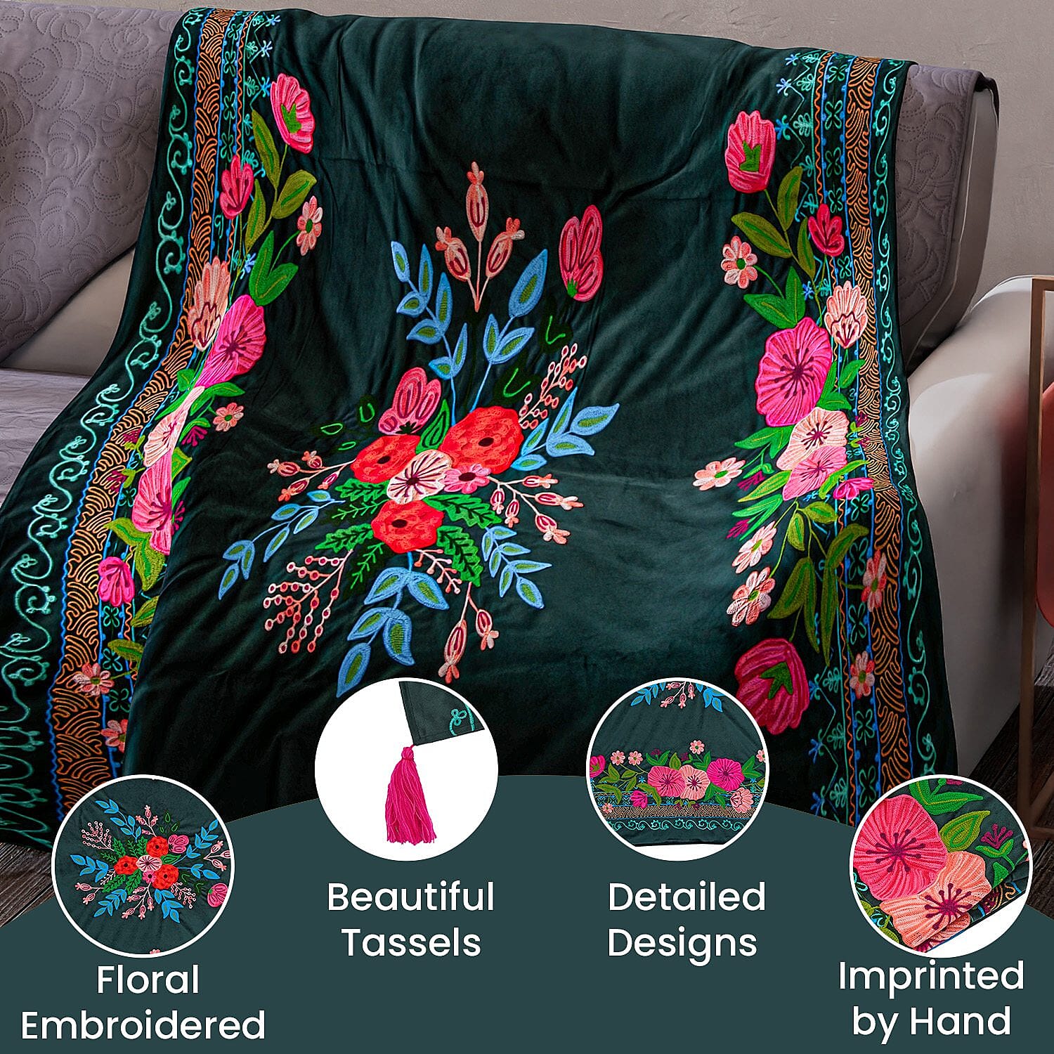 Velvet Embroidered Throw Blanket with Tassels (Size 125x150 Cm) - Green & Multi
