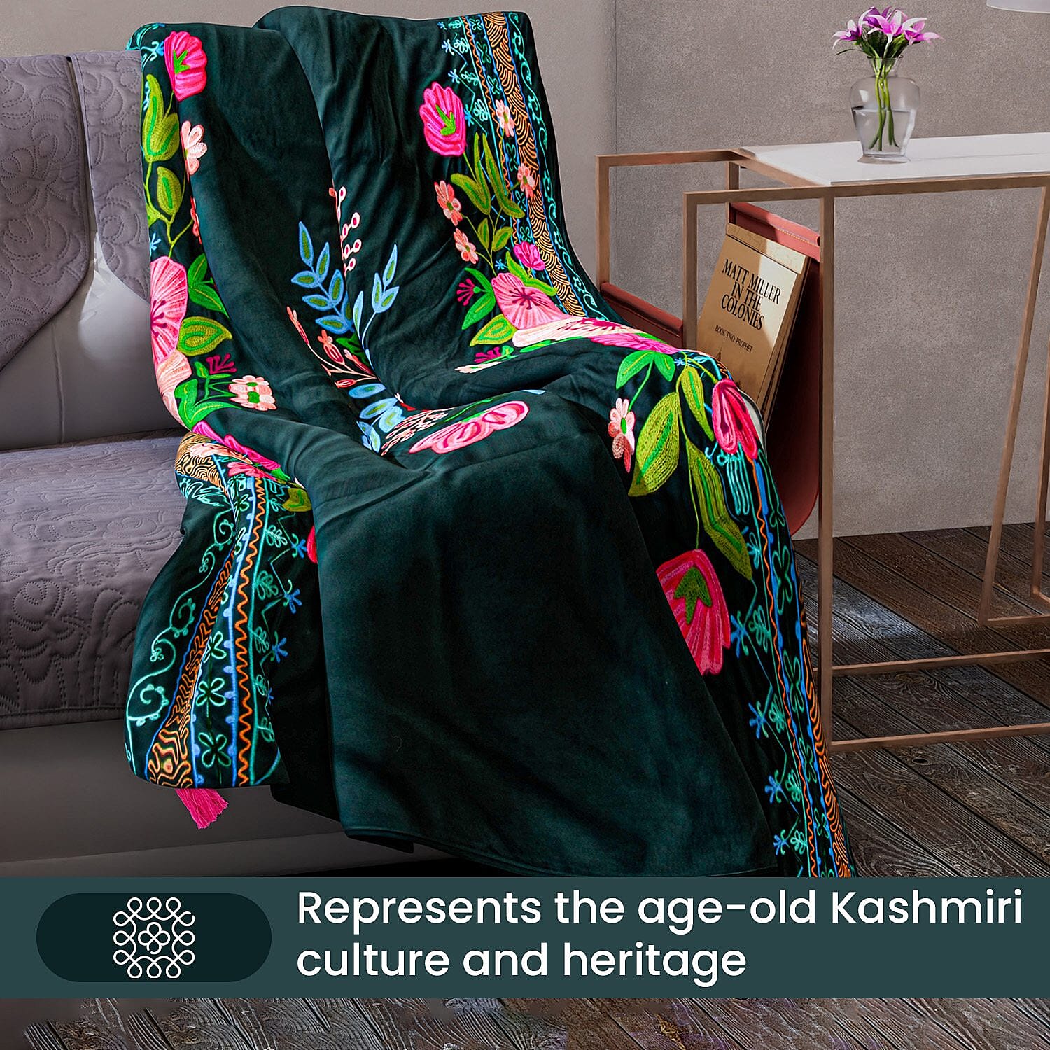 Velvet Embroidered Throw Blanket with Tassels (Size 125x150 Cm) - Green & Multi